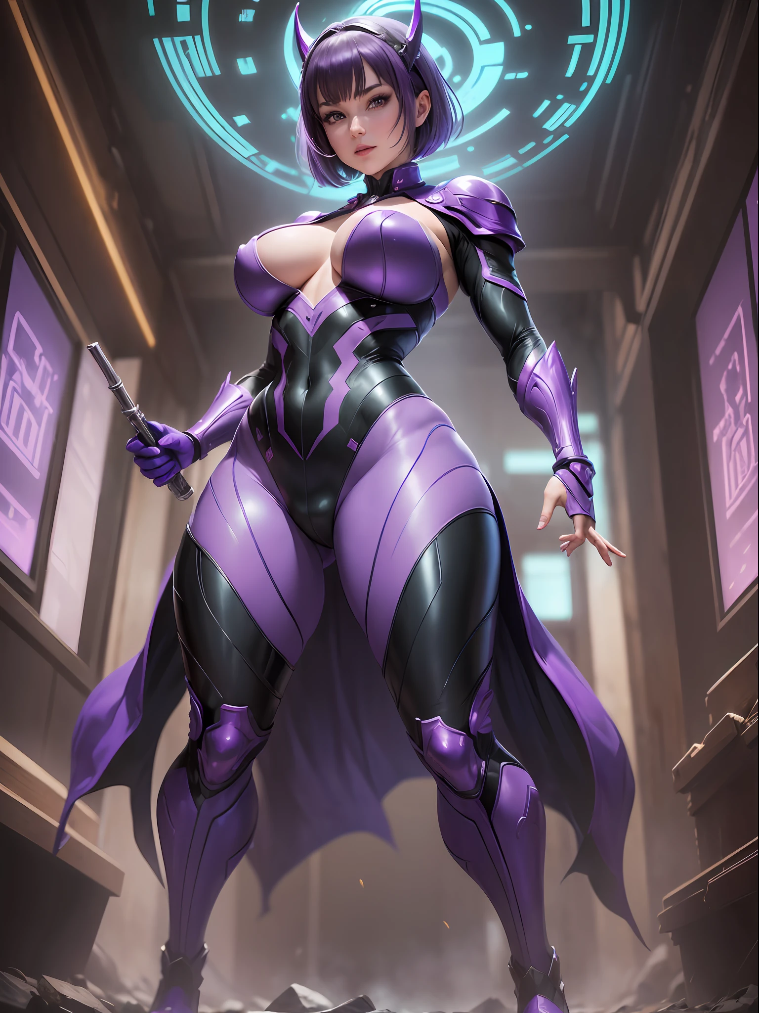 [full-body image, standing:1.4], 1Laura/Mulhe, she has (large breasts:1.3), [is wearing silver suit with red/futuristic Ultraman-style parts/blue jewelry in the center of the breastplate:1.3]. [She's inside an alien spaceship with various machinery.] She has [short hair/straight/purple color:1.0], [green eyes:1.0], looking at viewer, evil smile, (exhibitionist pose:1.5), (costume/extremely tight on body:1.5), Anime style, Mortal Kombat, 16k, highres, UHD, masterpiece, anatomically correct --auto --s2