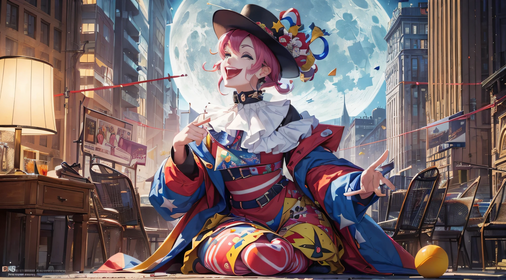 (Masterpiece, 4k resolution, ultra-realistic, very detailed, man 50 years), (A CLOWN IS CARICATURING WELL-KNOWN PERSONALITIES This Symbol depicts a situation of someone being light, enjoying life and taking on the attributes of others in order to entertain and amuse those around them. It is said that laughing is the best medicine and employing fun and a light attitude can be useful tools for relaxing and getting things back on track. However, maybe someone isn't "being real," wearing masks to hide what's really going on in their life. It can be fun to look at life from an objective point of view and caricaturing others can make us laugh at the seriousness of life. Or, perhaps, someone is playing the fool when the situation really needs a more serious response. This degree often shows the ability to take on the personas of others), full body, (cityscape, at night, dynamic lights), (full moon))] # Explanation: The Prompt mainly describes a 4K painting of ultra-high definition, very realistic, very detailed. --auto --s2
