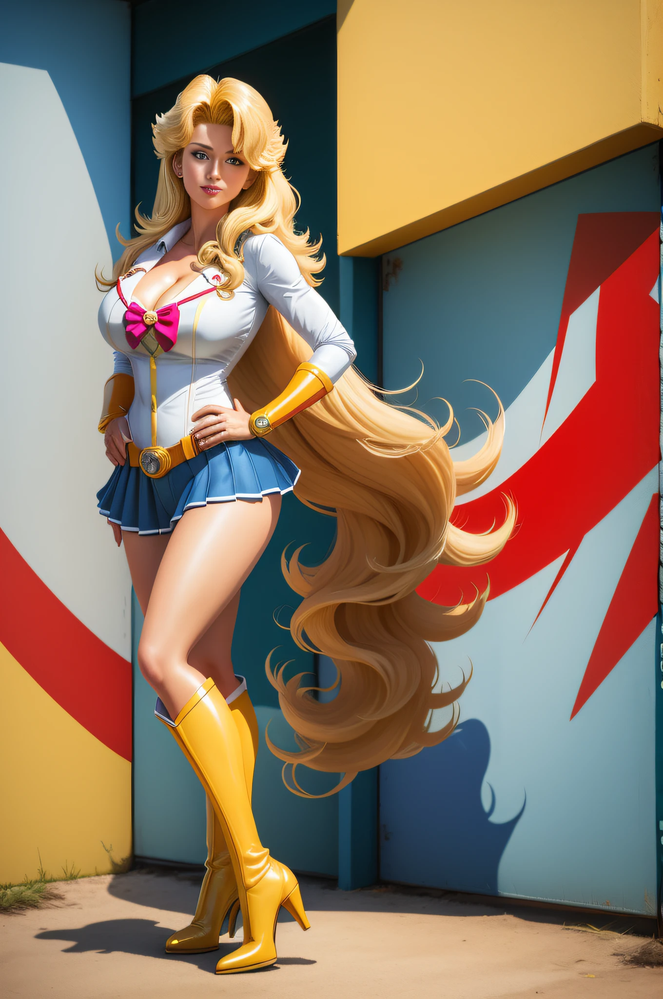 cowboy shot,  full body portrait, Superhero, April O'Neil 1980s \(style\), 1girl, long blonde hair, retro artstyle, long wavy hair, solo, Sailor Moon outfit, unbutton_shirt, (natural_breasts:1.2), medium_breasts, cleavage, full body shot, model pose, shoes visible