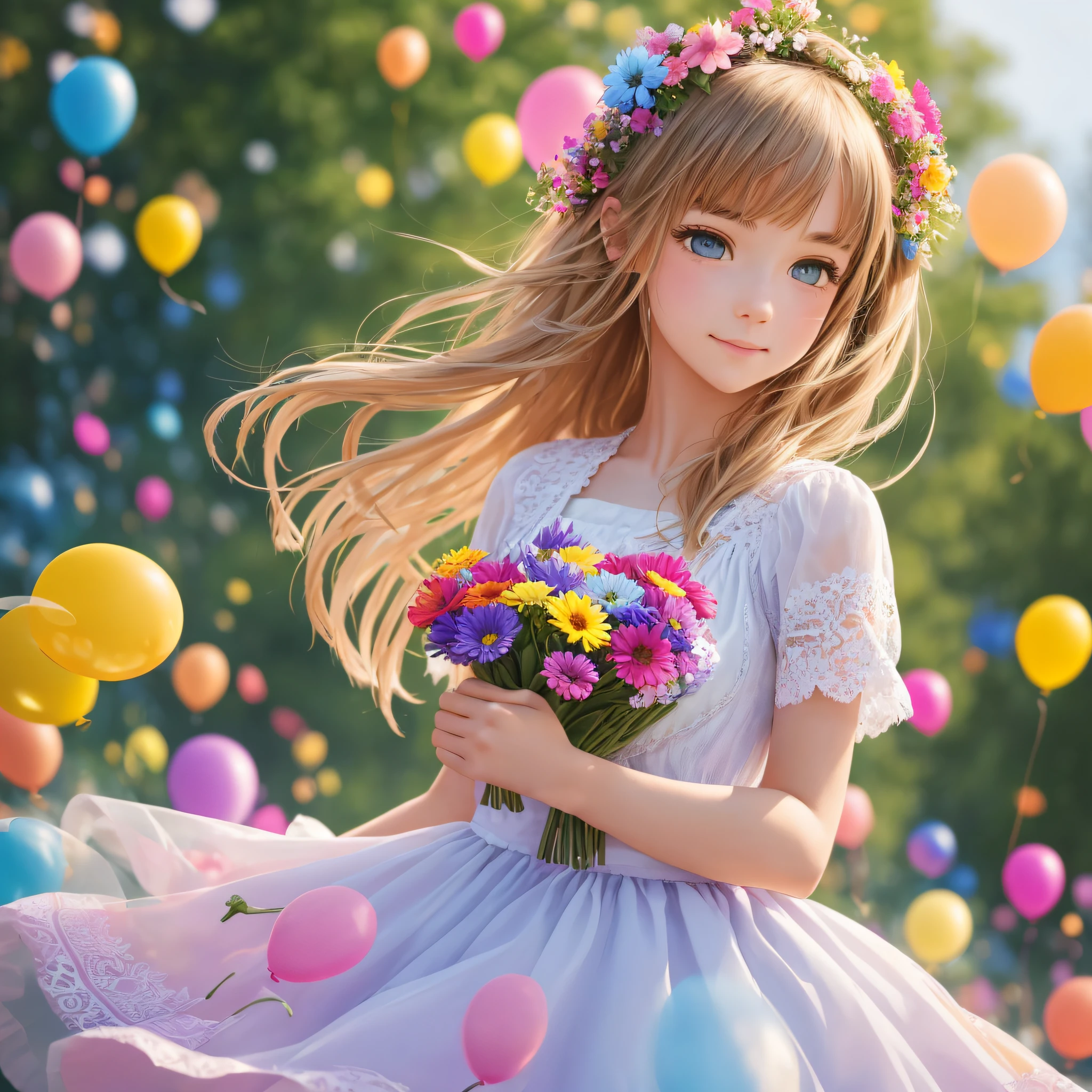 A girl holding flowers, colorful balloons floating in the sky, meadow, dancing, holding flowers, happy, happy, perfect quality, clear focus (clutter-home: 0.8), (masterpiece: 1.2) (Realistic: 1.2) (Bokeh) (Best quality) (Detailed skin: 1.3) (Intricate details) (8K) (Detail Eyes) (Sharp Focus), (Happy) --auto --s2