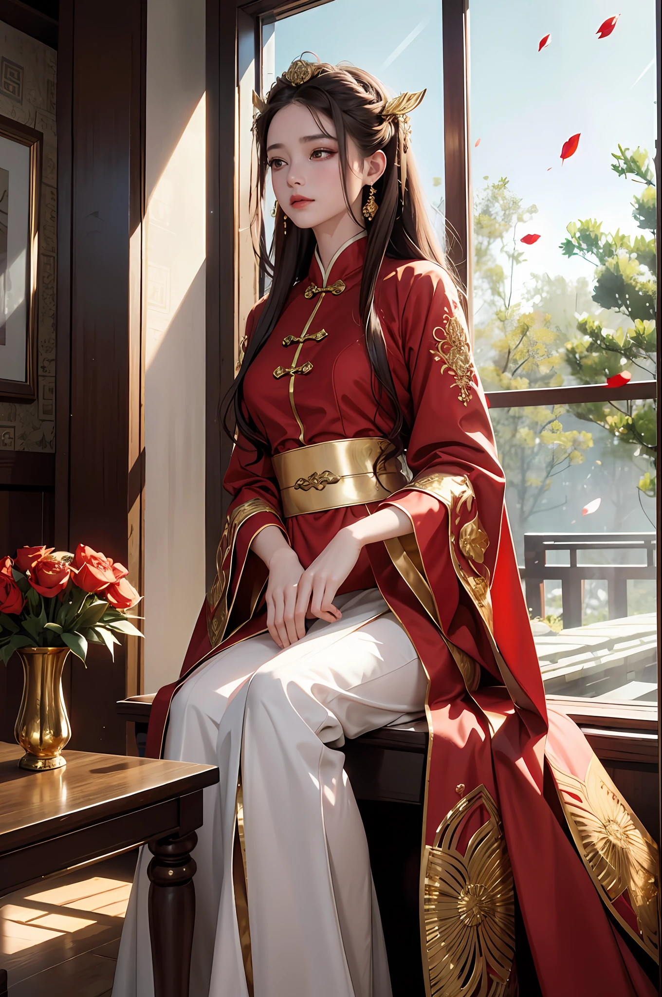 best quality, masterpiece, highres, (exquisite body:1.5),gorgeous face,(milky skin:1.3),intricate details,high resolution,wallpaper,
1girl, solo, dress, hair ornament, (((gold and red dress))), flowers, long hair, brown hair, closed mouth, jewelry, long sleeves, hand up, wide sleeves, big eyes,floating hair, chinese clothes, hanfu, embroidery, long skirt, natural pose, falling petals, indoor,fanning, lantern,
16K,HDR,highres,depth field,(film grain:1.1),boken,golden hour,(lens flare),vignette,rainbowing,(color grading:1.5)