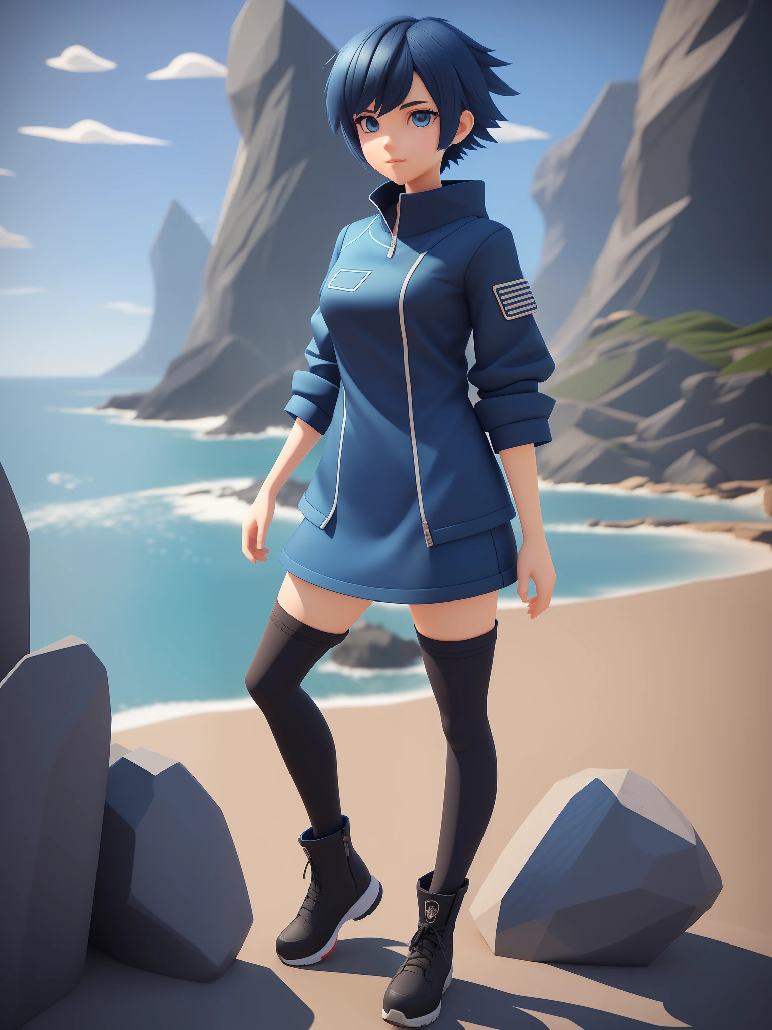 Young girl, a cartoon character light dark blue clothing, (short hair and dark blue), stylized character, animation character, stylized 3d render, 3d character, highly detailed character, stylized anime, stylized 3d, render character, character model, full body, maximum quality, (coast view)
