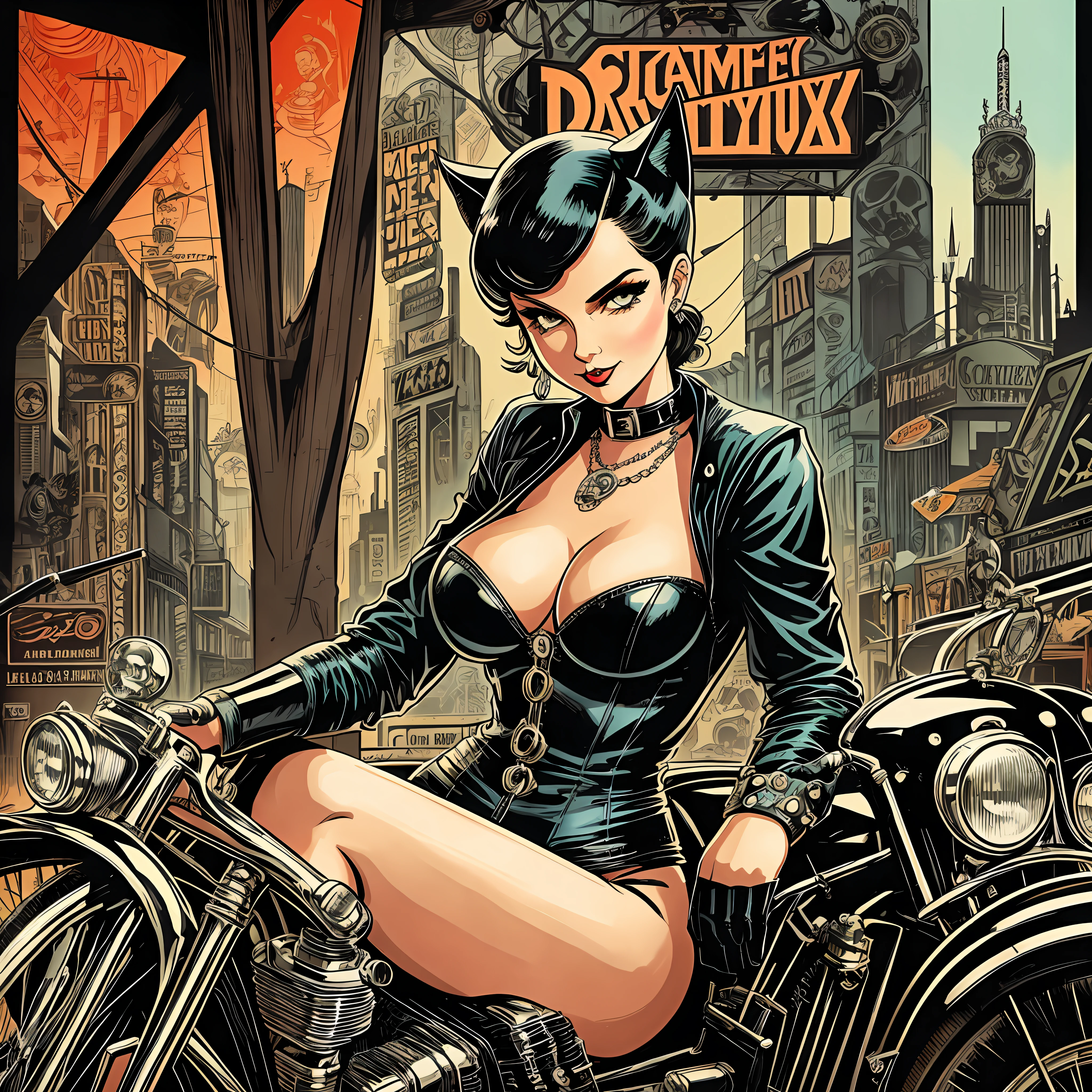 A Catwoman sitting on a motorcycle with skull and playing cards, vintage retro art, dieselpunk art style, vintage illustration, rock music, vintage illustration, vintage pin, retro style art, funny psychology, pinup art, rock style, poster retro, fixed, 7 0 s vintage art, retro - retro, nail up girl, vintage theme, retro decorative art --auto --s2