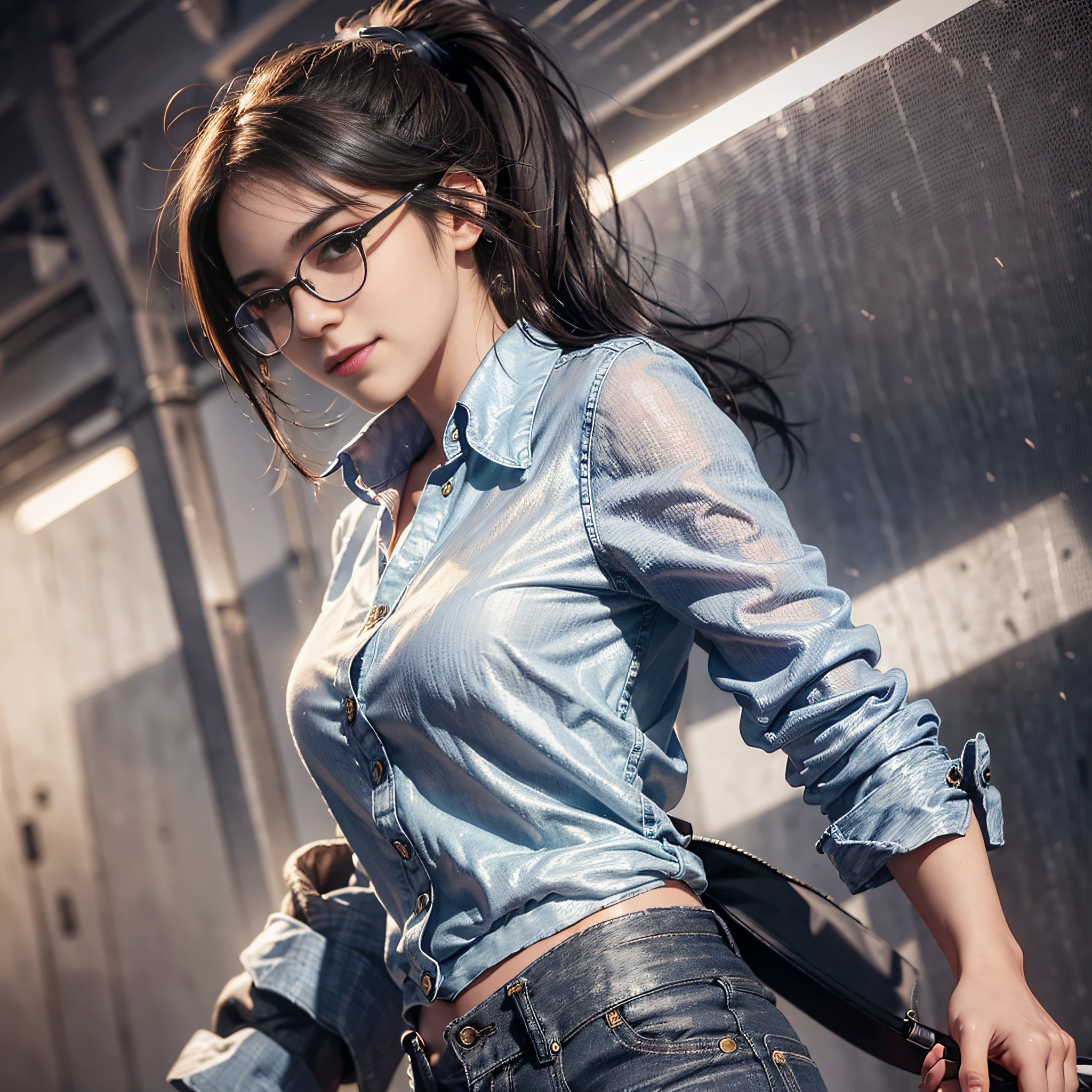 (1 girl: 1.3), Solo, Standing figure, Fantasy art, Photorealistic, Dynamic Lighting, Art Station, Poster, Volumetric lighting, Highly detailed face, Darkness, Deep shadow, Brown eyes, Black eyes, Ponytail, Smile, Black hair, Clothes with white collar, Jeans pants, Glasses