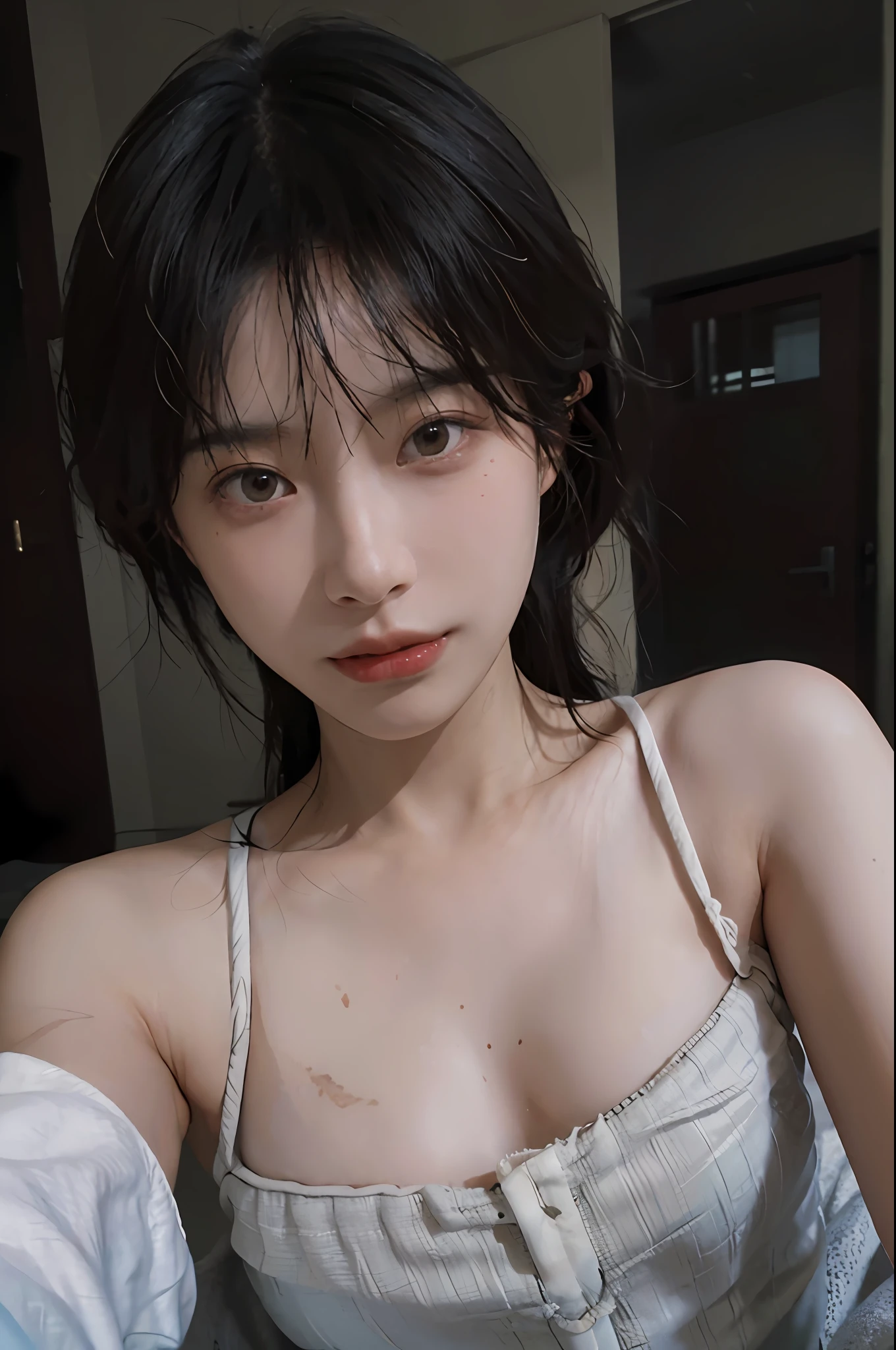 8K, Best Quality, Masterpiece, Ultra High Resolution, (Realism: 1.4), Original Photo, (Realistic Skin Texture: 1.3), (Film Grain: 1.3), (Selfie Angle), 1 Girl, Beautiful Eyes and Face Details, Masterpiece, Best Quality, Close-up, Upper Body, Looking at the Viewer
