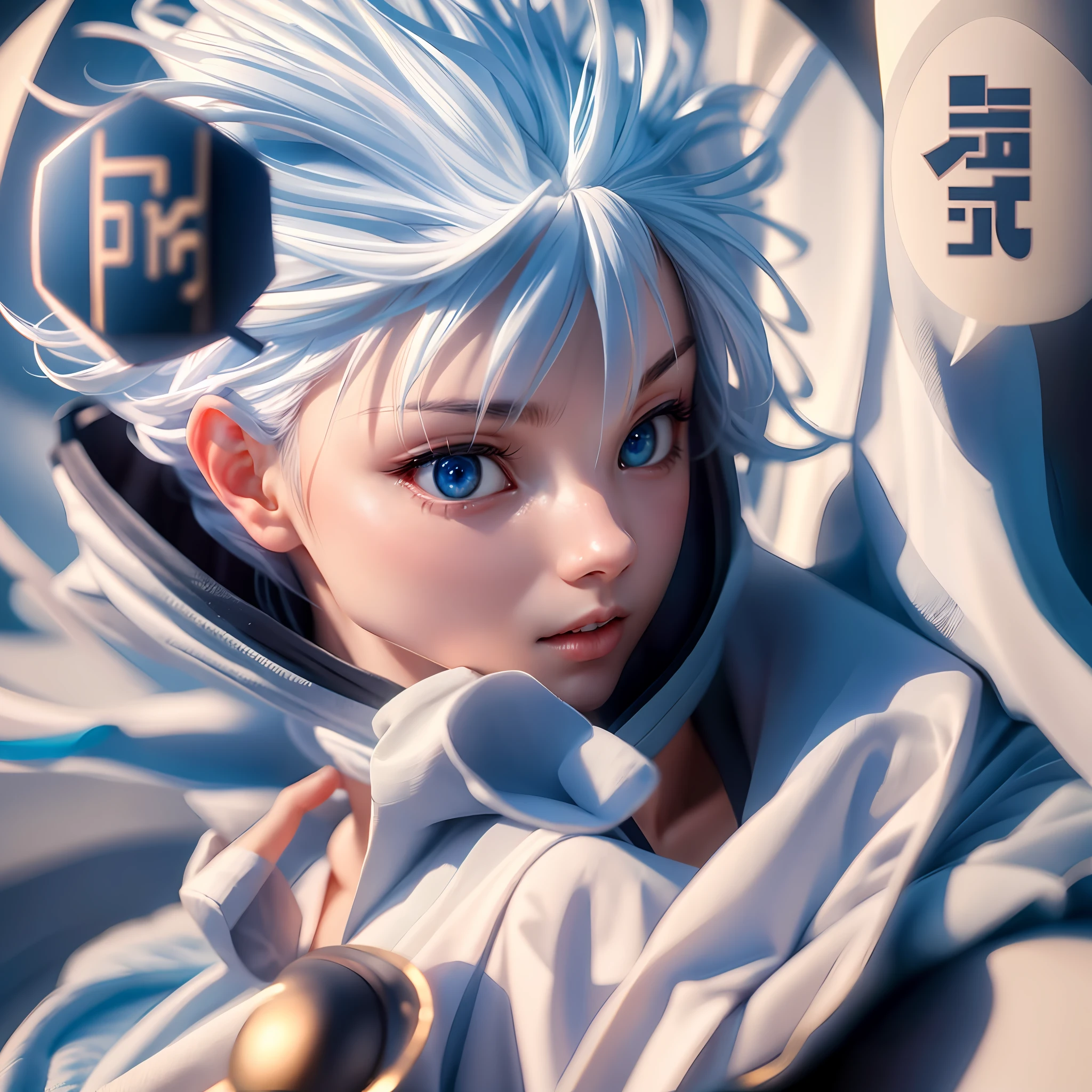 satoru gojo, 1boy, solo, (bangs), ultra detailed eyes, emelard blue eyes, white hair ,hand up, hand flicking
BREAK
upper body, looking at viewer, expressionless, closed mouth, from angle, (black stole,white kimono), light has details,
BREAK
upper body, (chibi:0.7), [realistic], [3d], (3dcg), ((octane render)),hand up
BREAK
(8k, RAW photo, best quality, masterpiece:1.2), ultra high res, (((realistic, photo-realistic))), professional lighting, detailed lighting, professional photography, fisheye, dynamic angle, high quality, high res, extremely detailed, bloom
BREAK
depth of field, sketch, sharp focus, soft lighting, good composition, god light highlight, detailed, (((photorealistic details))), detailed skin, to8contrast style,