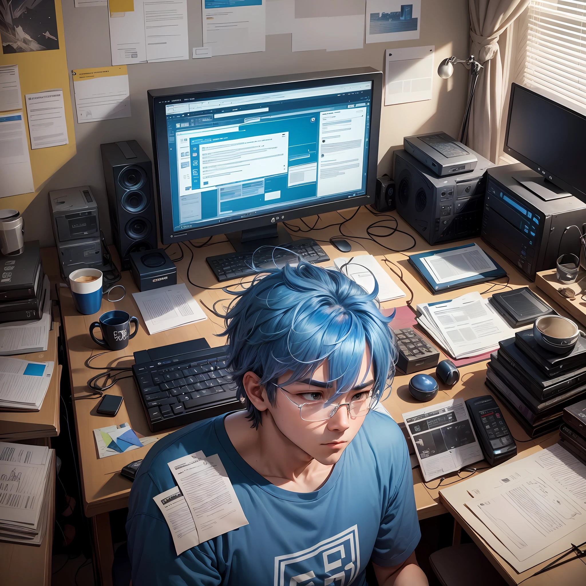 Blue Ying, who has always been fat, sits in front of the computer, tapping on the keyboard, looking at the words on the screen, and occasionally yawning casually. He was wearing a loose gray T-shirt, his blue hair was scattered messily on his shoulders, and his eyes looked a little tired, but he was still focused on his work. With papers and materials piled up on the desk, dense codes flashing on the monitor, and a pile of empty coffee cups and confetti scattered next to the computer, it seemed that the blue lazy cat had been busy for a long time. Although it may seem a little lazy, this cat is constantly thinking and creating, constantly learning and growing, and he is a dynamic and creative programmer who has created many beautiful things in this digital world with his talent and effort. --auto --s2