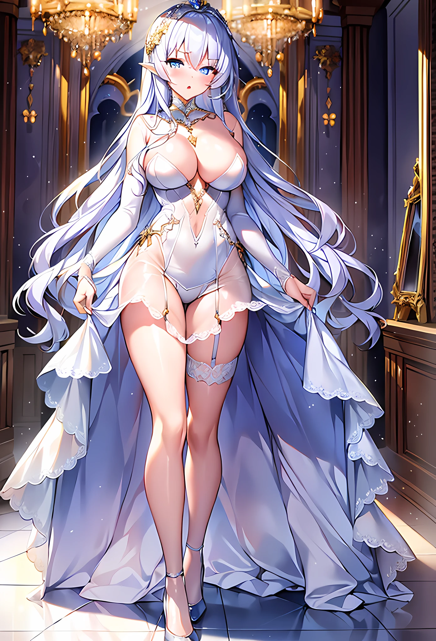 (masterpiece, reflections, atmospheric lighting, dynamic lighting), best quality, 1girl, perfect figure, perfect body, perfect face, white hair, long luscious curly hair, blue eyes, glowing ice eyes, delicate fingers, blushing, shy, embarrassed, lewd, open mouth, white crown, jewel crown, wing crown, strapless dress, wedding dress, evening dress, lingerie dress, white high heels