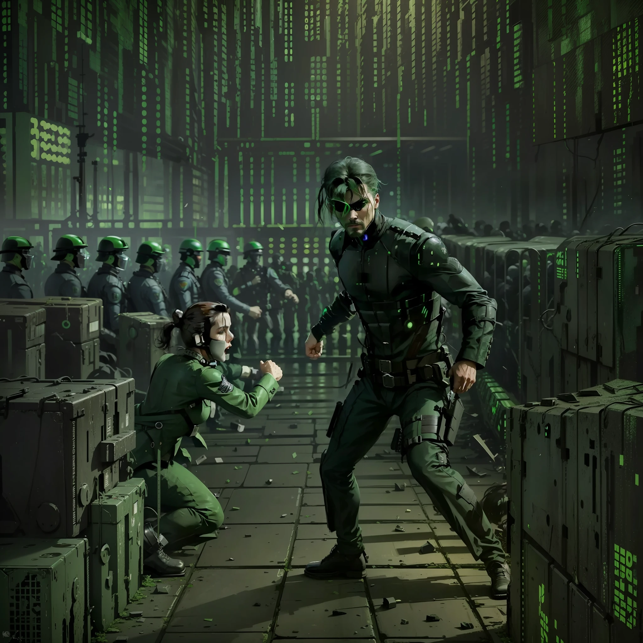 a sea of people fighting in the streets of some city inside the matrix, matrix filter, matrix lighting, green matrix atmosphere, (((riots))), thousands of people fighting, violence, (((civil war))), (((night)))