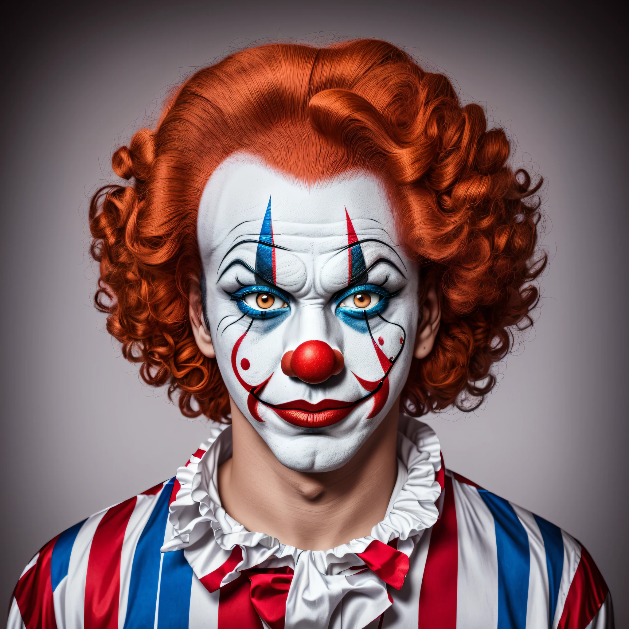clown with red nose and white face and full moon, using precise clown makeup, using bizarre clown makeup, circus artist portrait, clown, closeup character portrait, using clown makeup, very fun clown, intricate clown makeup, clown makeup, realistic clown makeup, dream environment full of masks --auto --s2