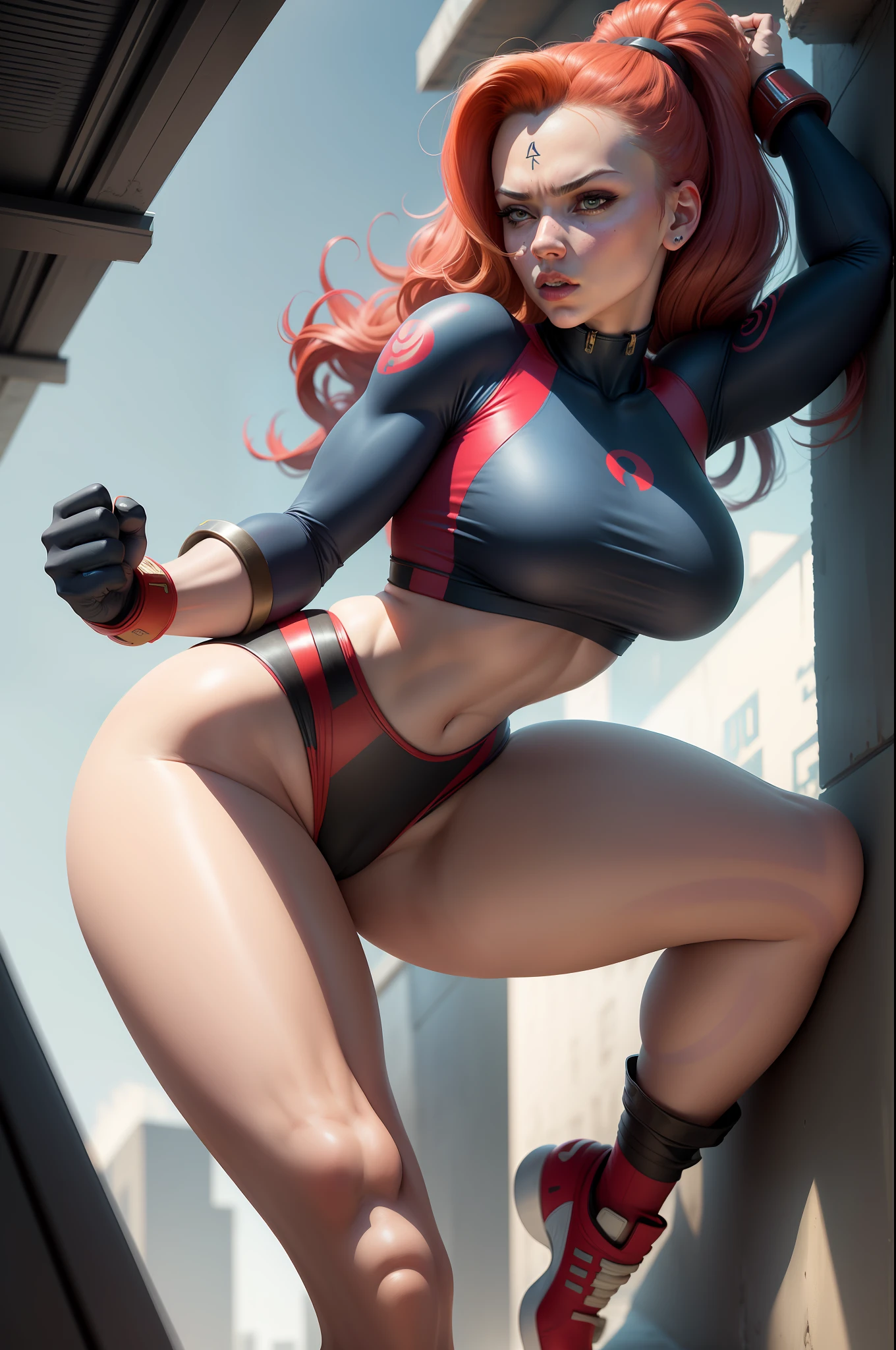 Street fighter styled scarlett johansson, top detail, 8k, long hair, 2girl, bubble butt, short top, thigh tattoo, cameltoe, bend over