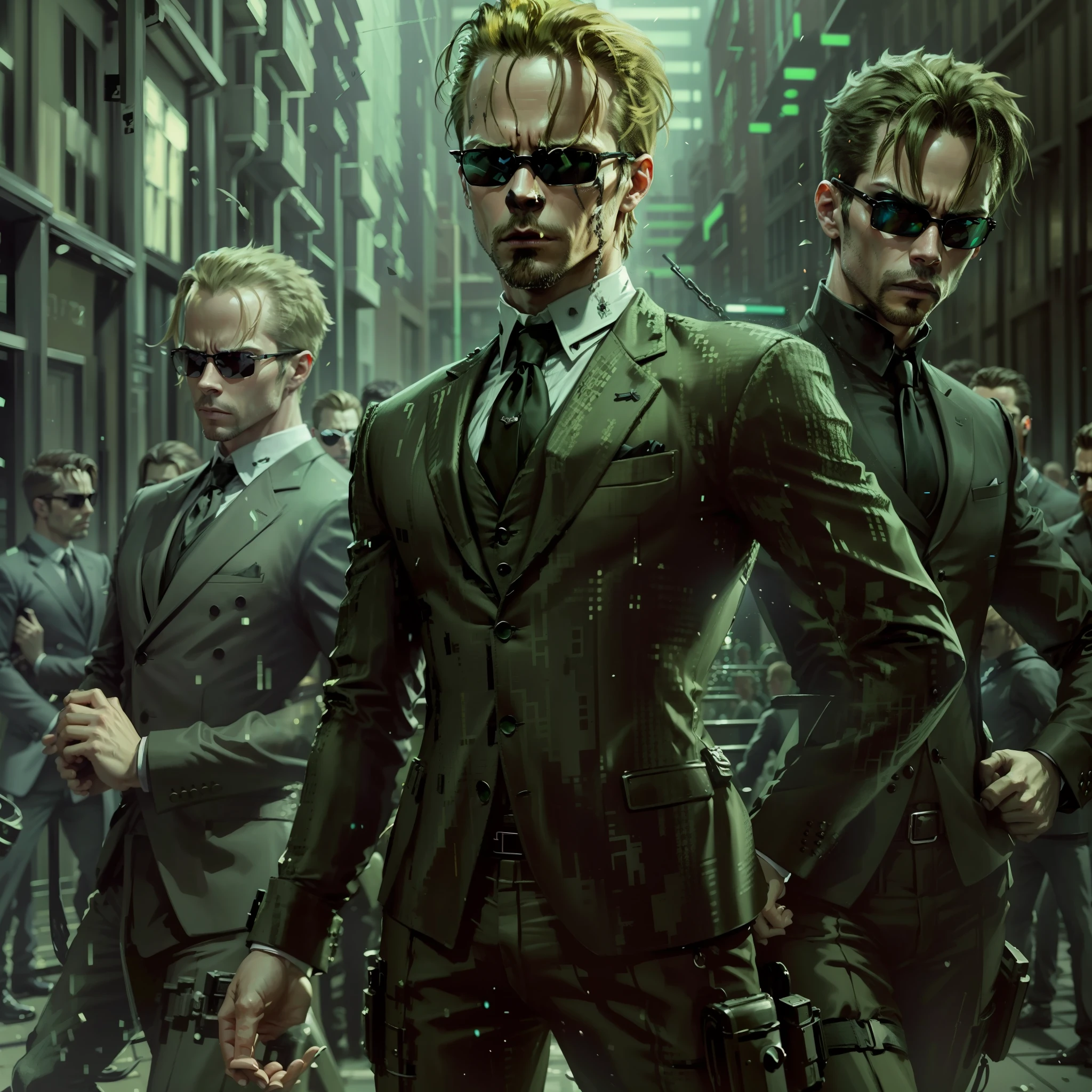 a sea of people fighting in the streets of some city inside the matrix, matrix filter, matrix lighting, green matrix atmosphere, (((riots))), thousands of people fighting, violence, (((civil war))), (((night))), evil looking blond GUY PEARCE face, blond GUY PEARCE in a suit with square sunglasses close up, blond GUY PEARCE in a suit angry, blond GUY PEARCE in a suit with squared sunglasses, square sunglasses