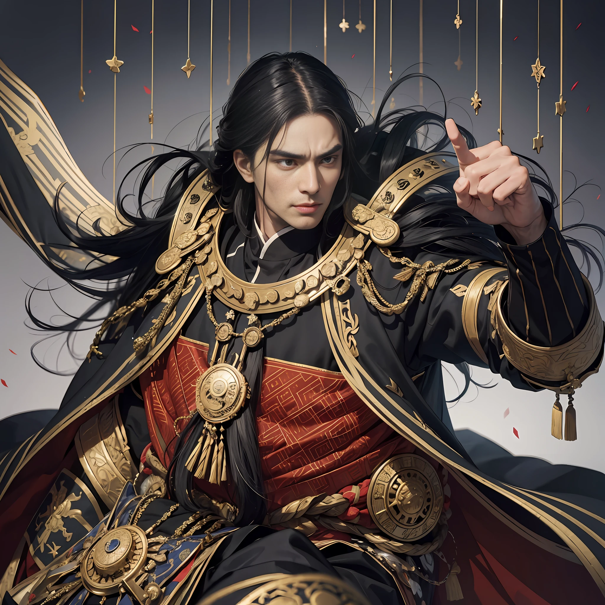 Warring States period, emperor, 40s, very strong, dignified, stern gaze, anger, battle, dynamic wallpaper, 8k, very delicate, very dense, bright color, black hair, majesty of a king, upper body, chest up