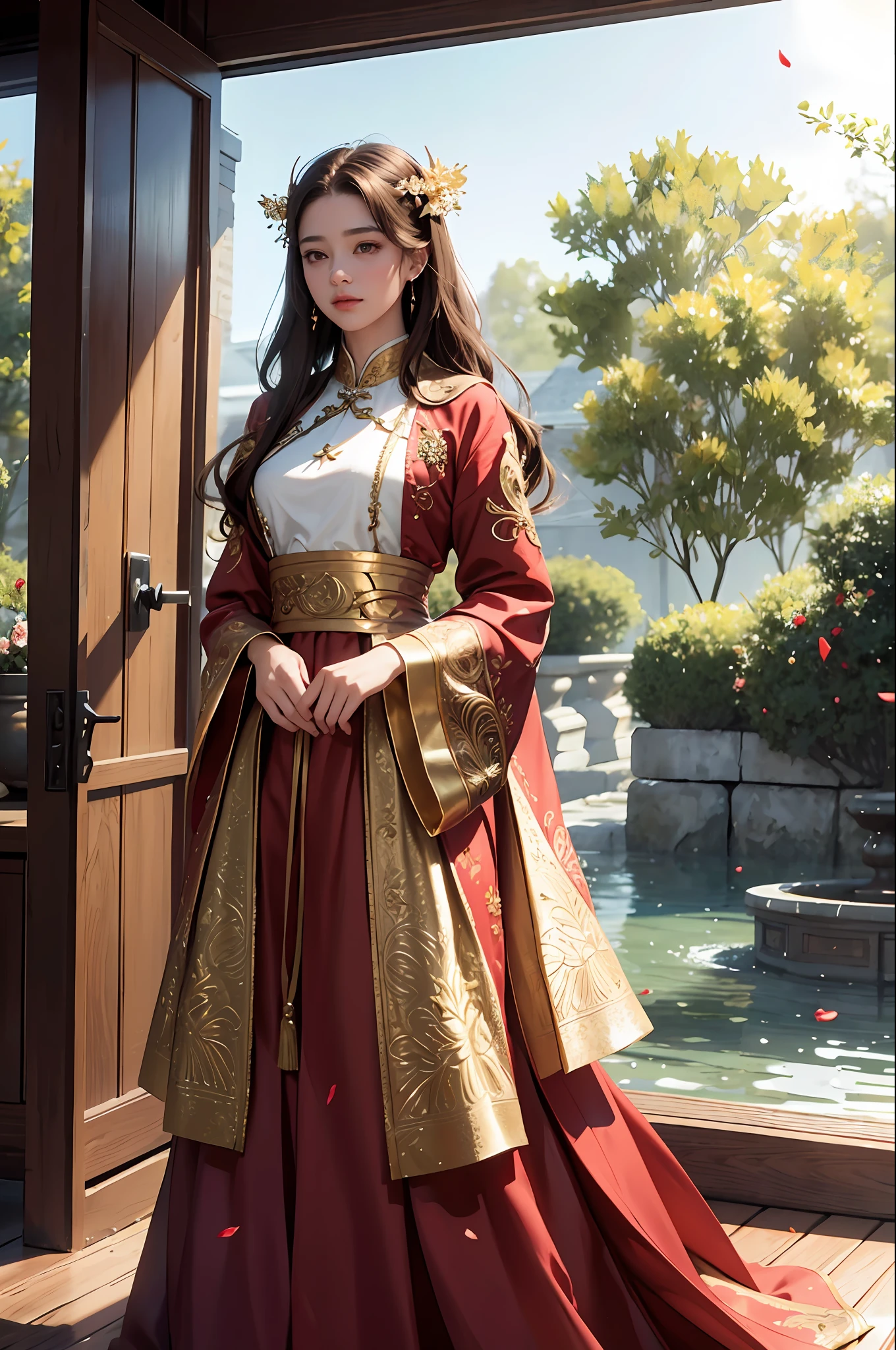 best quality, masterpiece, highres, (exquisite body:1.5),gorgeous face,(milky skin:1.3),intricate details,high resolution,wallpaper,
1girl, solo, dress, hair ornament, (((gold and red dress))), flowers, long hair, brown hair, closed mouth, jewelry, long sleeves, hand up, wide sleeves, big eyes,floating hair, chinese clothes, hanfu, embroidery, long skirt, natural pose, falling petals, indoor,fanning, lantern,
16K,HDR,highres,depth field,(film grain:1.1),boken,golden hour,(lens flare),vignette,rainbowing,(color grading:1.5)