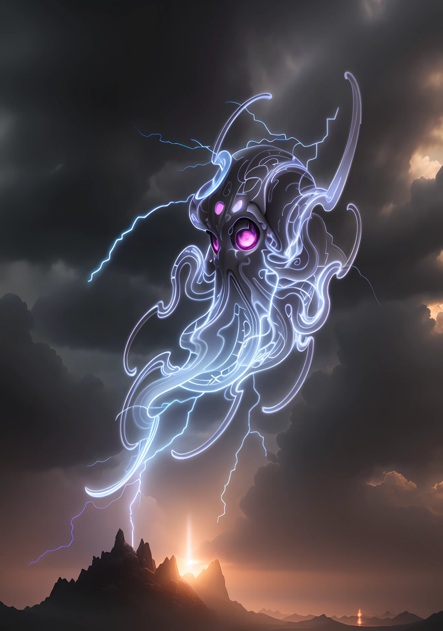 Volumetric gray octopus, Masterpiece, best quality, dynamic light, (very detailed CG unified wallpaper 8k), (best quality), (best illustration), (best shadow), on the background of lightning, Mysterious sky, fat sky, octane rendering, ray tracing