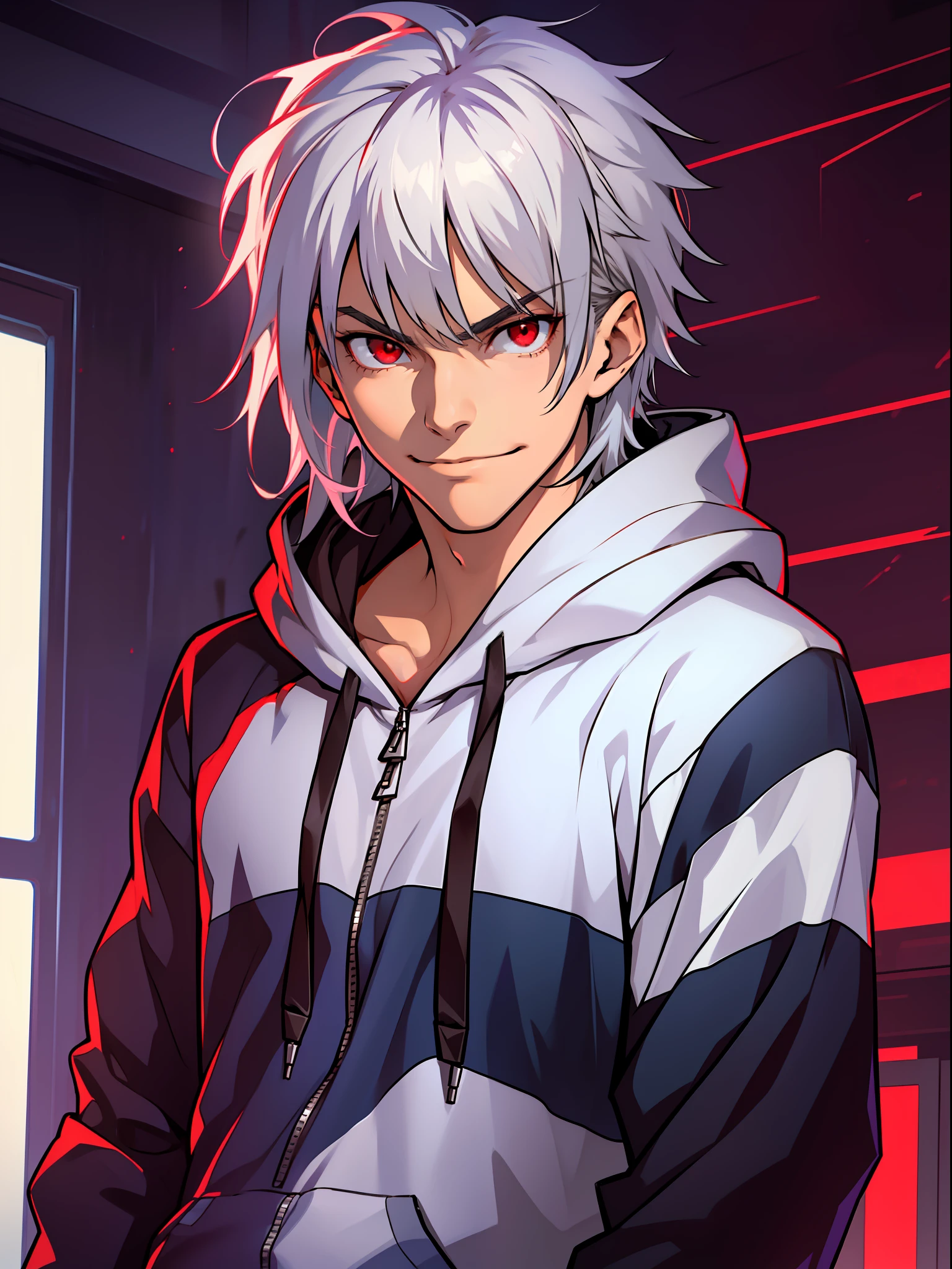 solo, ((androgynous male with silver hair wearing hoodie)), (bangs), (red eyes), (smirk), ((high quality)), (extremely detailed), fate stay night, inspired by takeuchi takahasi