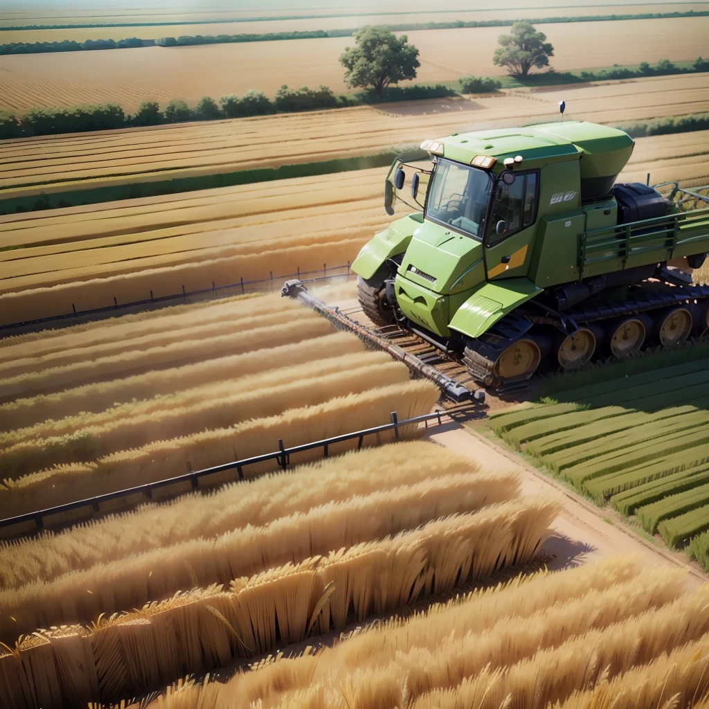 3d anime style image of a harvester over a wheat field