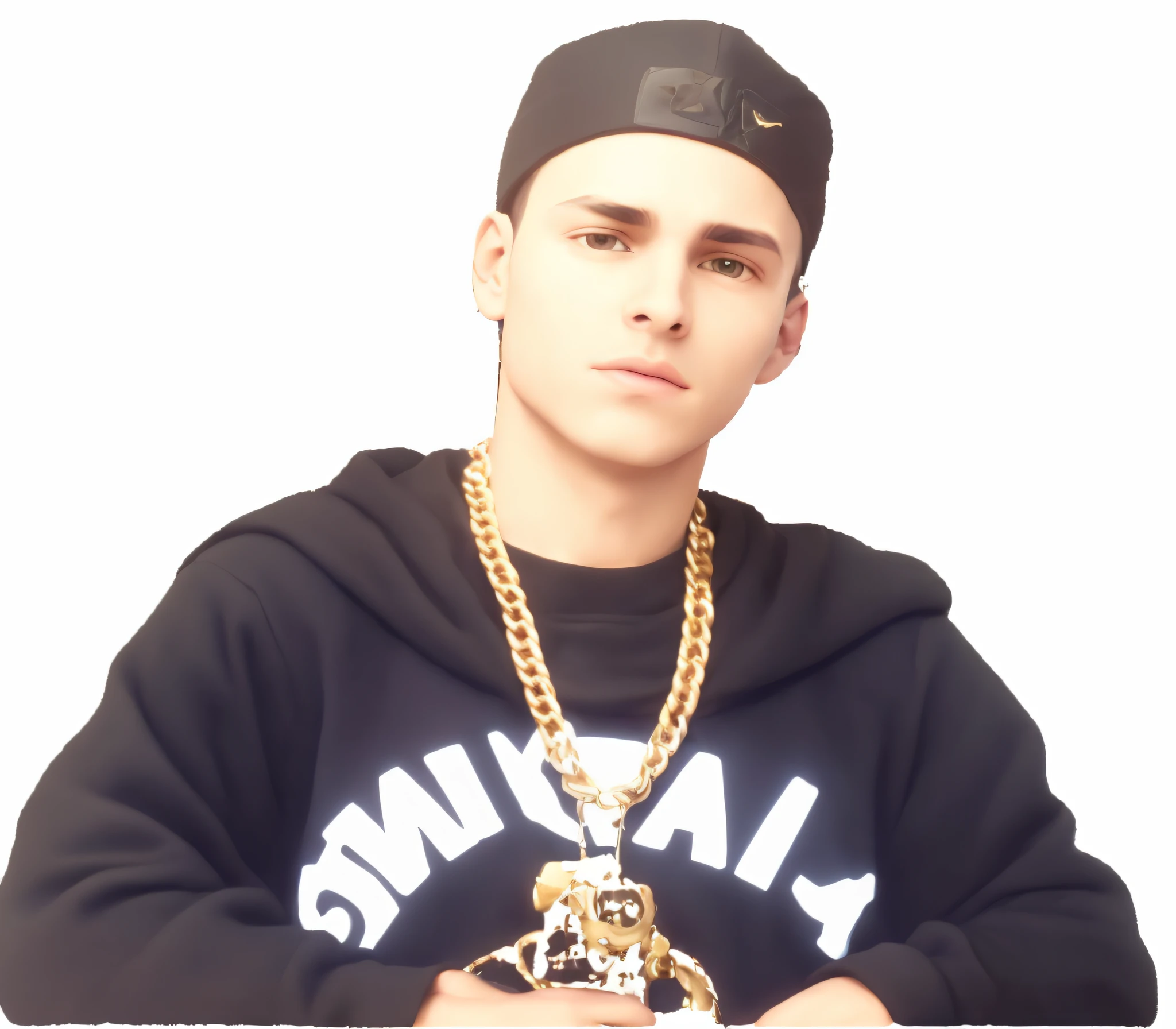Arafed man wearing a black hoodie and a gold chain, wearing a bandana and chain, 3 D render of Jerma 9 8 5, portrait of Justin Beber, wearing a gold chain, Bad Bunny, 1 6 years, official art, very high quality image, 18 years, Tommy 1 6 years, wearing gold chain