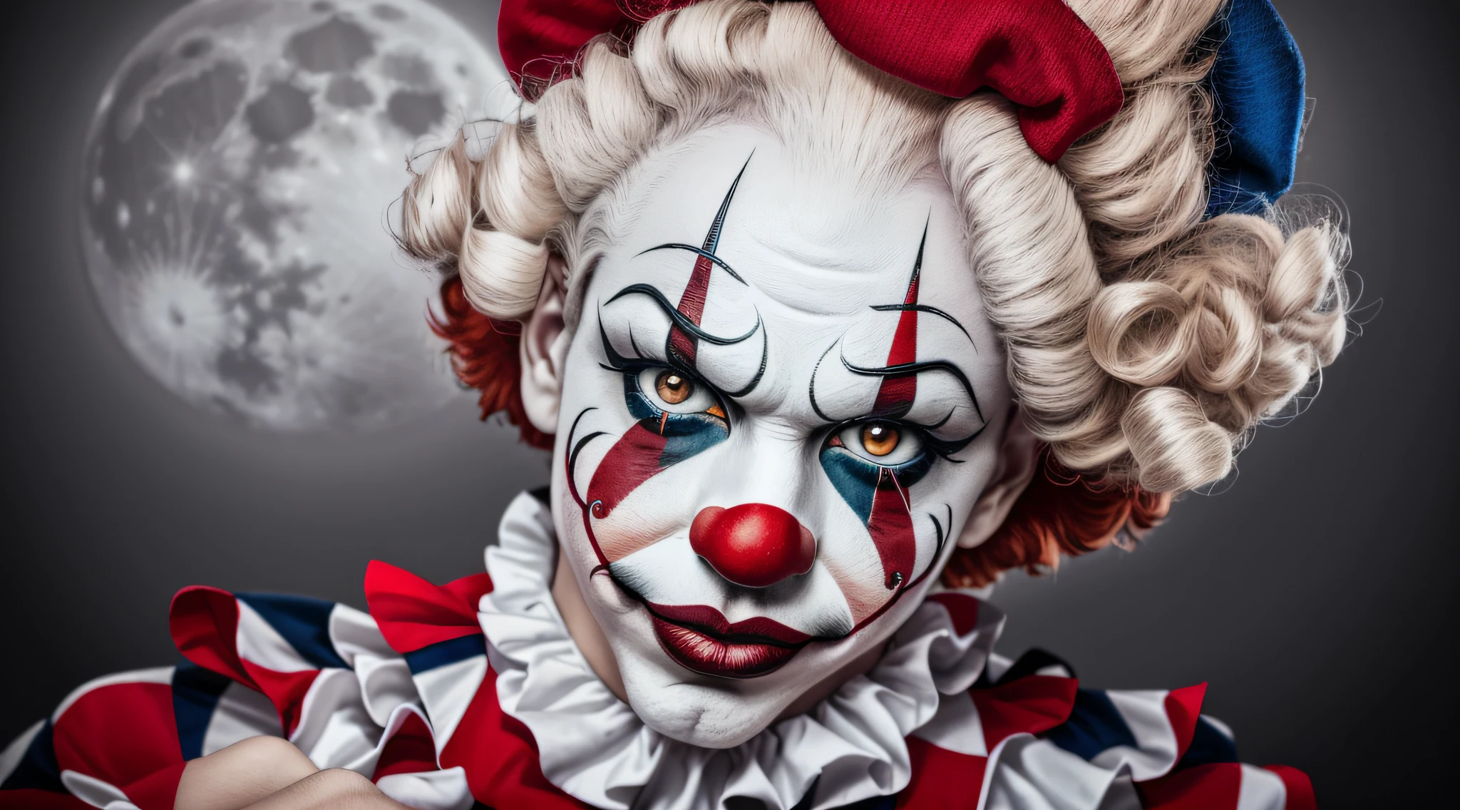 clown with red nose and white face and full moon, using precise clown makeup, using bizarre clown makeup, circus artist portrait, clown, closeup character portrait, using clown makeup, very fun clown, intricate clown makeup, clown makeup, realistic clown makeup, dream environment full of masks --auto --s2
