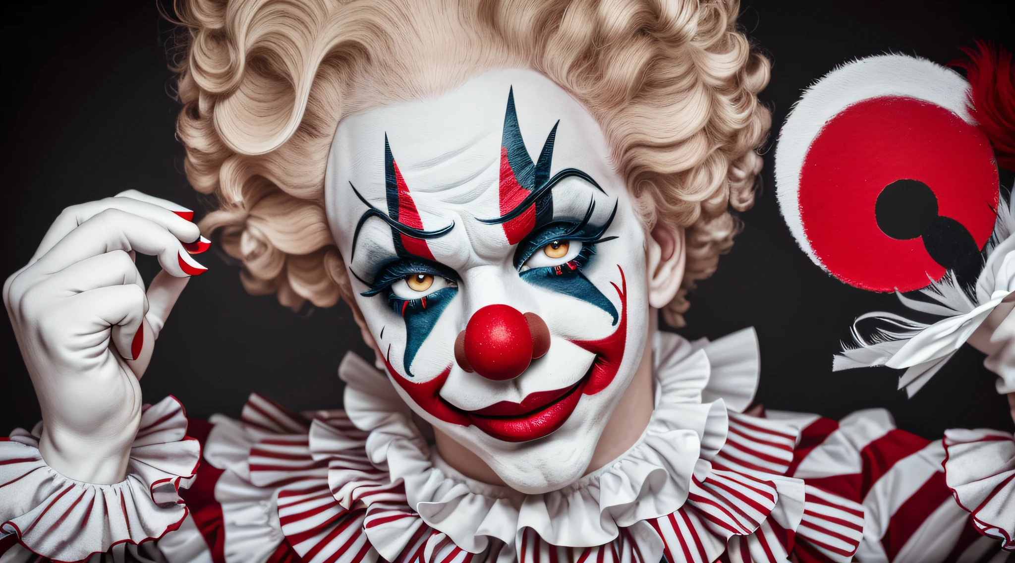 clown with red nose and white face and full moon, using precise clown makeup, using bizarre clown makeup, circus artist portrait, clown, closeup character portrait, using clown makeup, very fun clown, intricate clown makeup, clown makeup, realistic clown makeup, dream environment full of masks --auto --s2
