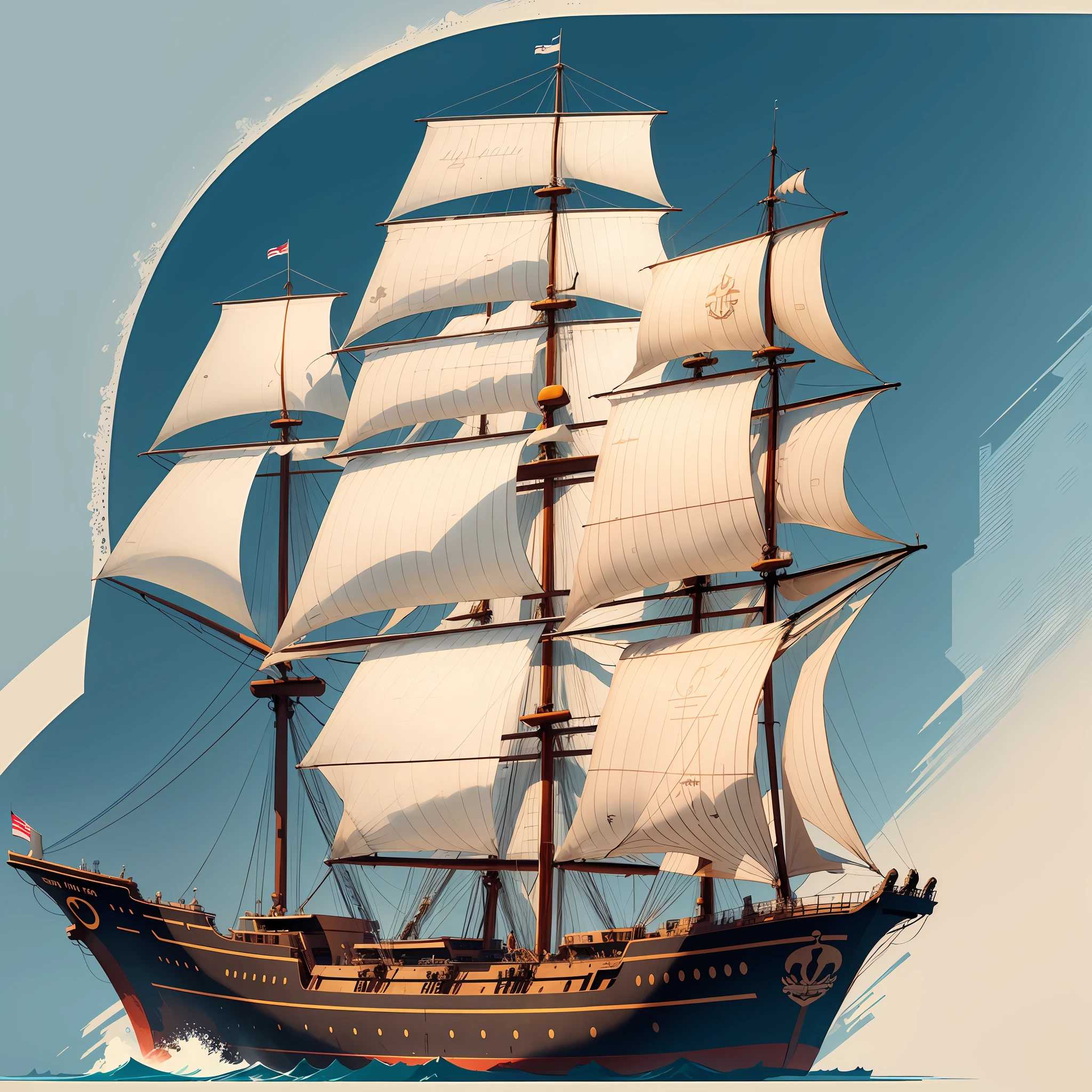 Vector, cutout style, ultra clear, detail, up clear, side view, ancient, big ship, sail, nautical, plain white background --auto --s2