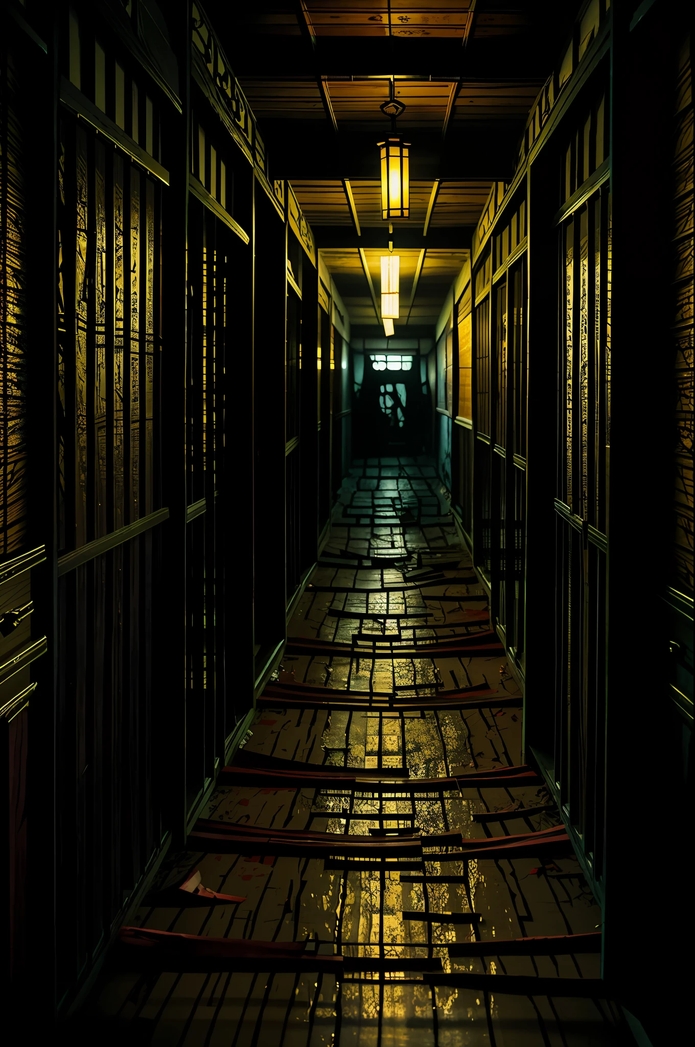 (best quality, masterpiece), (dimly lit hallway in a Japanese tatami house, messy environment, eerie horror ambiance, blood-streaked walls, and floors, ominous silence), depth of field, highres, finely detail, ultra-detailed, sharp focus
