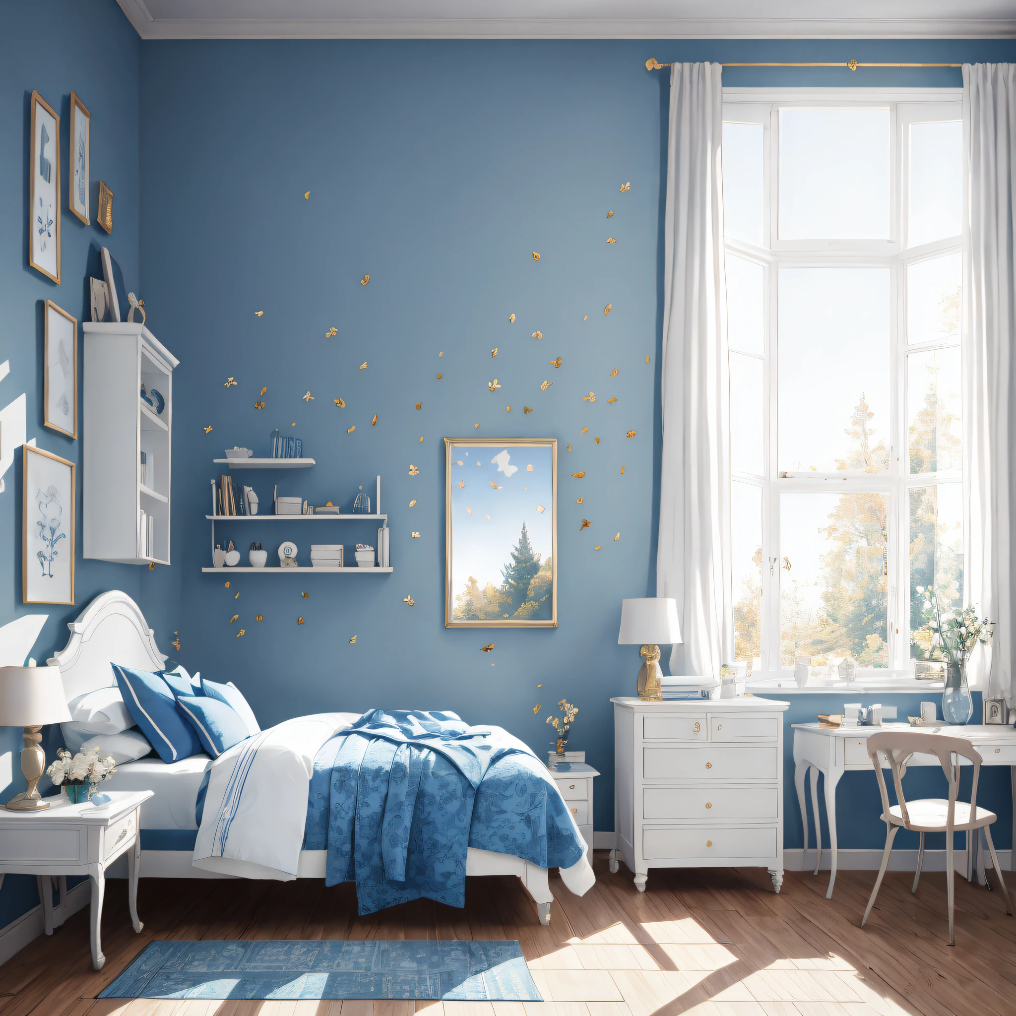 Masterpiece, best quality, high quality, very detailed CG uniform 8k wallpaper, bedroom, indoor, daytime, no humans, fit, landscape, bokeh, HDR, bloom, chromatic aberration, realism, very detailed, trends on artstation, trends on CGsociety, High Detail, art by midjourney, technology, comfory, pixiv, room full of hobbies, just one bed, cartoon, warm light, blue