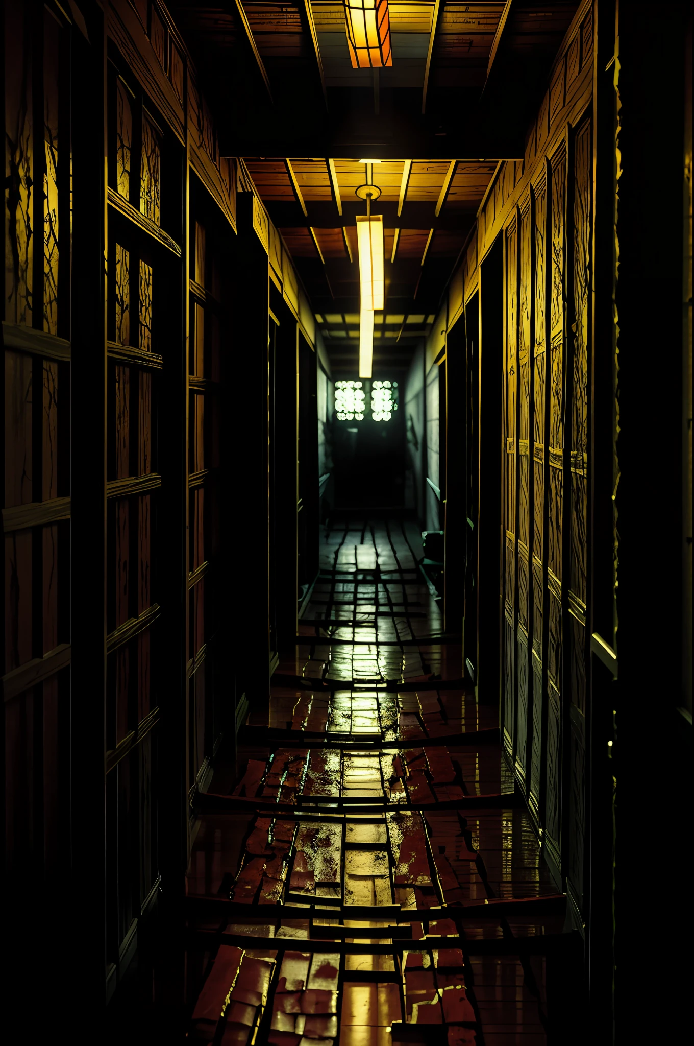 (best quality, masterpiece), (dimly lit hallway in a Japanese tatami house, messy environment, eerie horror ambiance, blood-streaked walls, and floors, ominous silence), depth of field, highres, finely detail, ultra-detailed, sharp focus