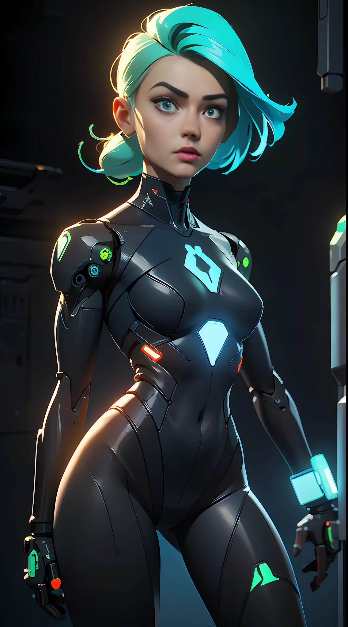 Beautiful cyborg woman with parts made of transparent glass showing her internal mechanical parts, angry look, short underwear, thick thighs defined body cybernetic prosthesis, ultrasharp, luminous paint, particles, flares, abstract renders 3d background