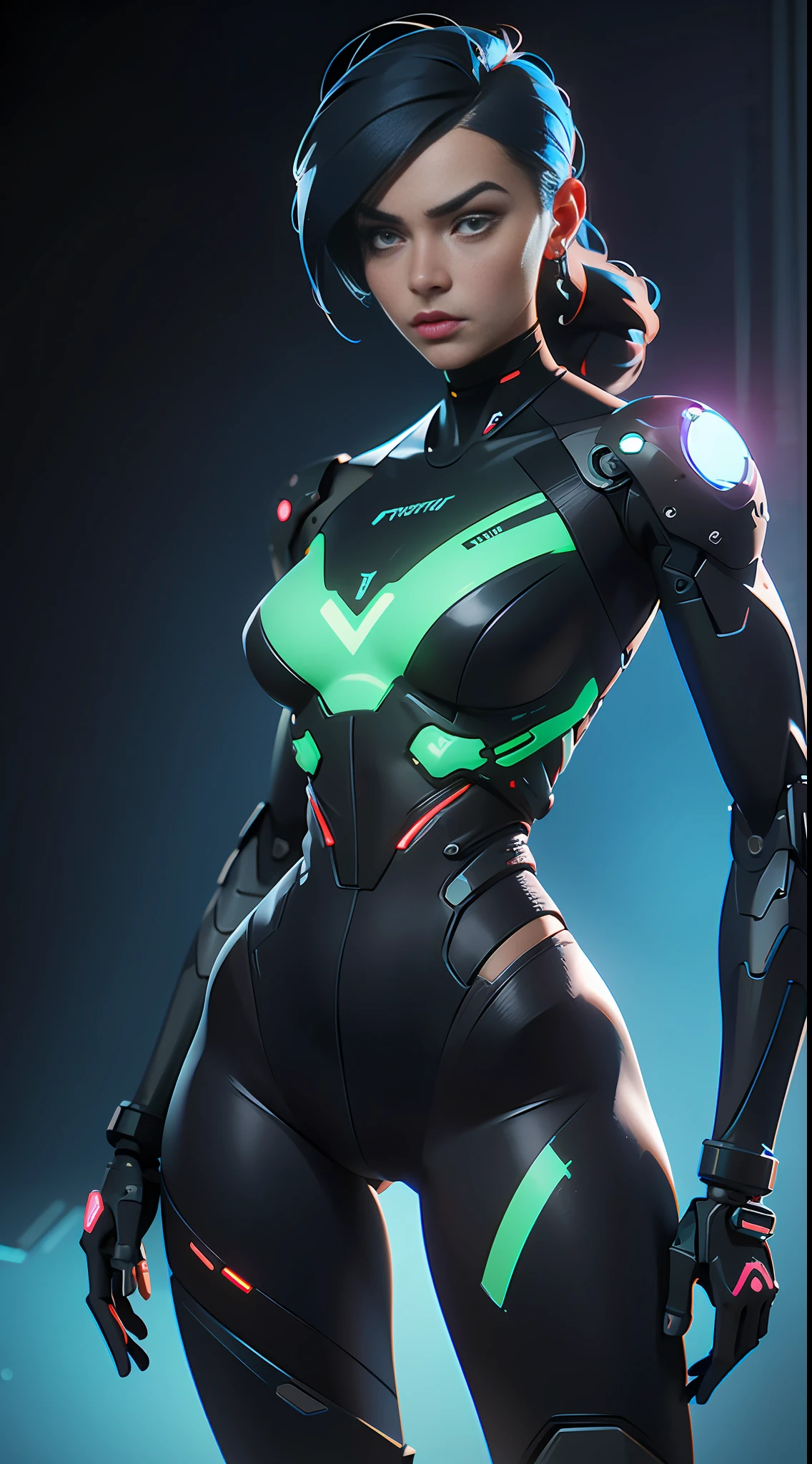 Beautiful cyborg woman with parts made of transparent glass showing her internal mechanical parts, angry look, short underwear, thick thighs defined body cybernetic prosthesis, ultrasharp, luminous paint, particles, flares, abstract renders 3d background
