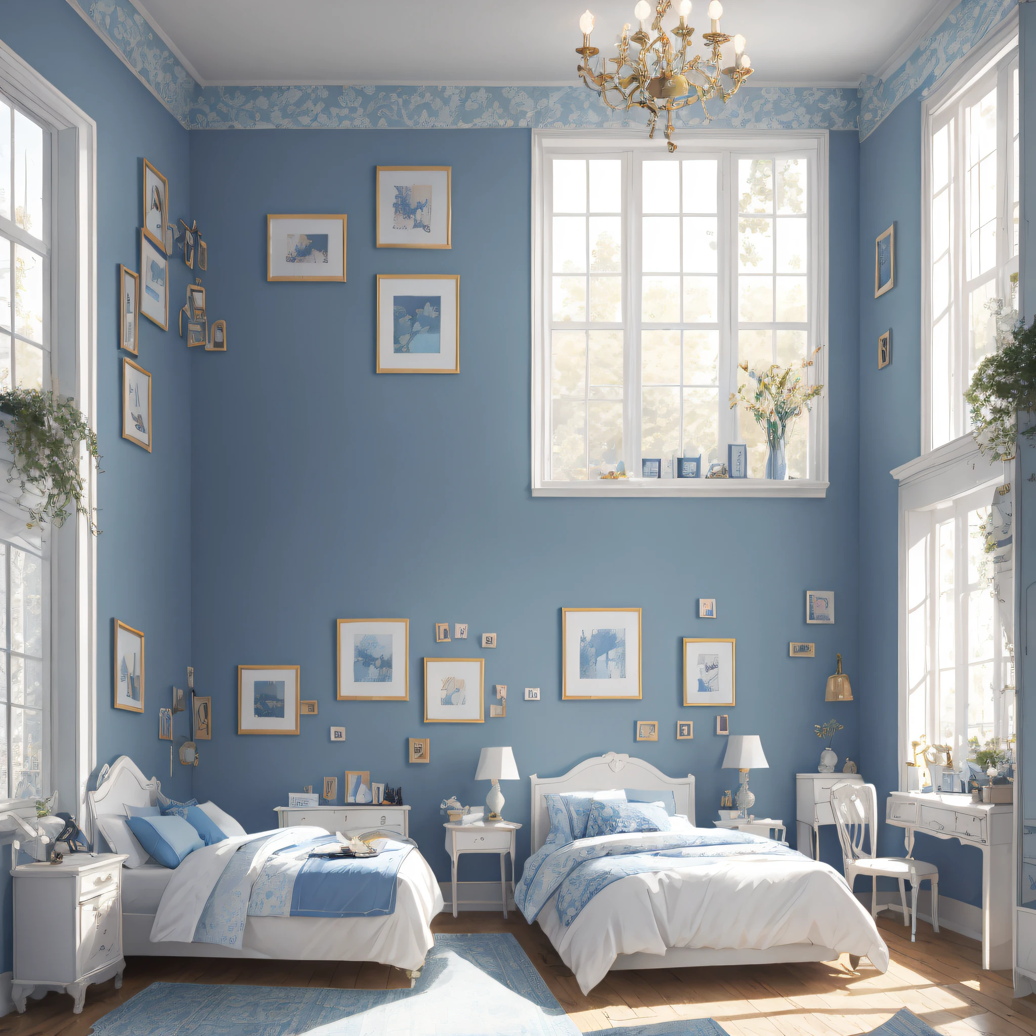 Masterpiece, best quality, high quality, very detailed CG uniform 8k wallpaper, bedroom, indoor, daytime, no humans, fit, landscape, bokeh, HDR, bloom, chromatic aberration, realism, very detailed, trends on artstation, trends on CGsociety, High Detail, art by midjourney, technology, comfory, pixiv, room full of hobbies, just one bed, cartoon, warm light, blue