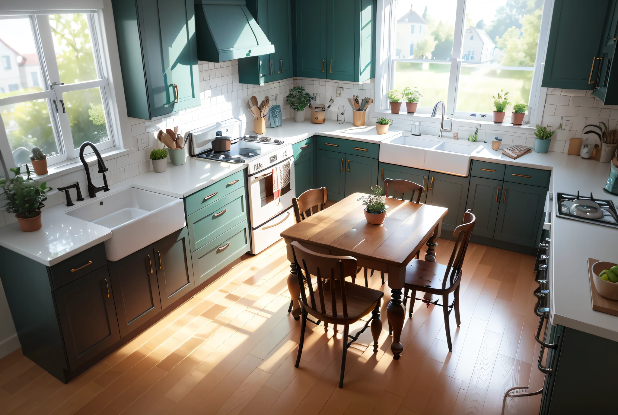 (Pictures are cute 2.5d models of kitchens, masterpieces: 1.6), (best quality: 1.4), (detailed miniatures: 2.0), (isometric design: 1.5), (hyperdetails: 2.0), (charming illustration style: 1.5), (Beth Hamiti: 1.5), (vintage furniture: 2.0), stove, refrigerator, sink, (set of tables and chairs: 1.8), (windows: 2.0), lush plants, food, wooden floors, window lights, bright colors