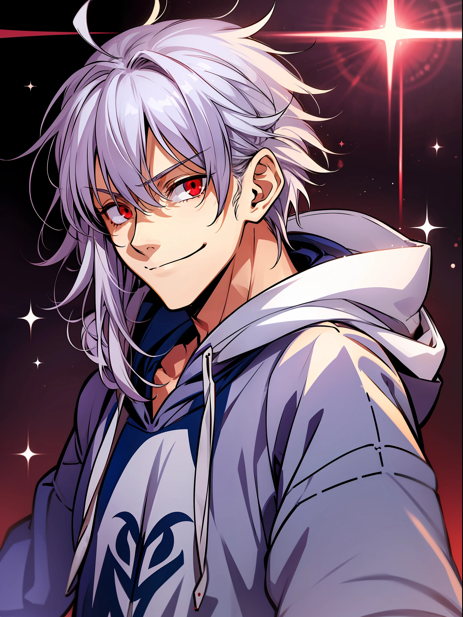 solo, ((male with silver hair wearing hoodie)), (bangs), (red eyes), (smirk), ((high quality)), (extremely detailed), fate stay night, inspired by takeuchi takahasi