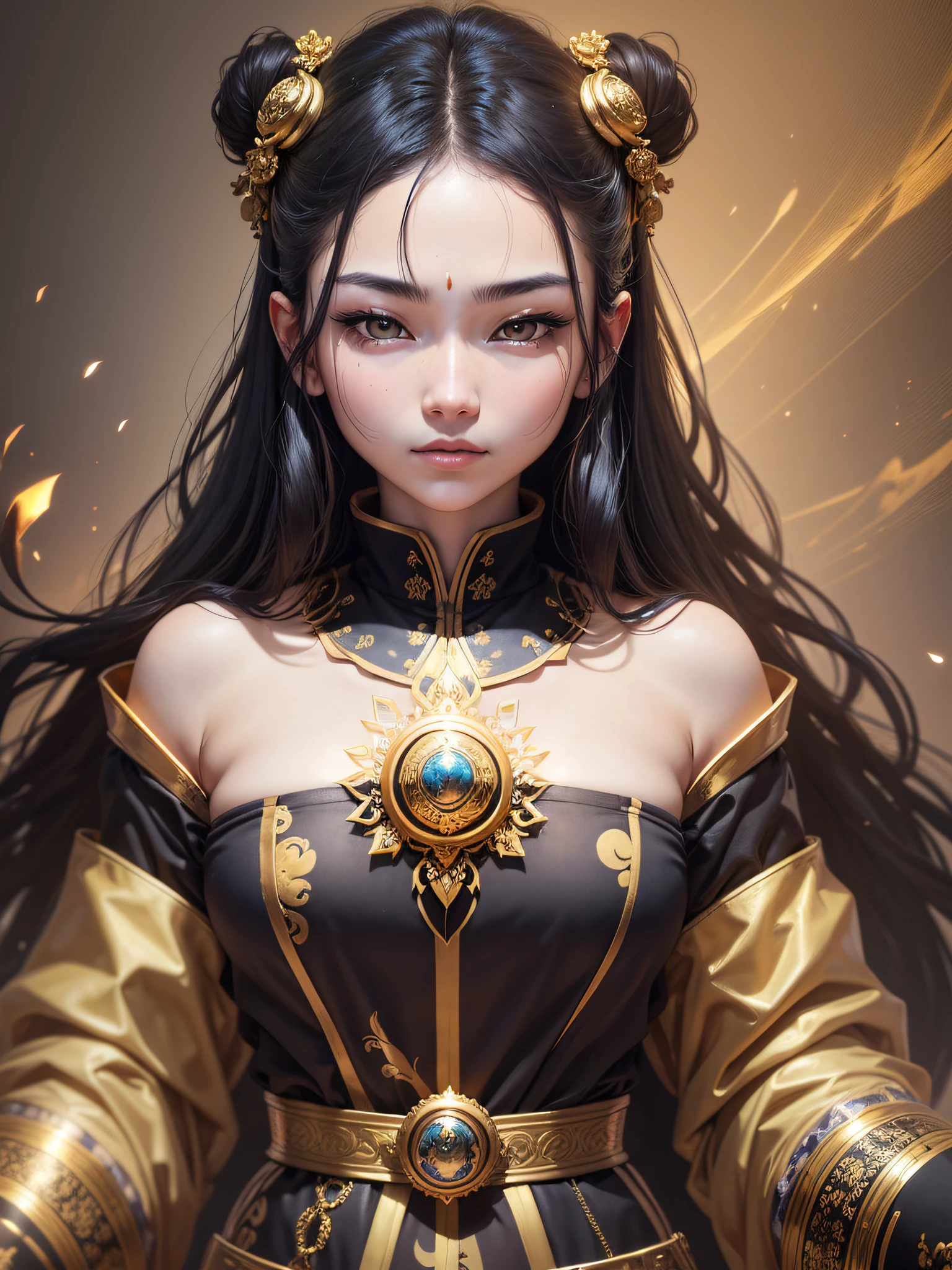 Void Bodhisattva, (Gold: 1.2), smooth upper body, long-sleeved cassock, ray tracing, (Metal texture: 1.1), colorful clouds on the background, (Best quality: 1.0), (Ultra High Resolution: 1.0), 8k, (Masterpiece: 0.2), , Innocent, Innocent, No Exposure, Black Hair, Neatness, Guide, Face Facing Front, Beauty, Disturbing Emotions, Monk-style Beauty, 20-year-old Beauty, 16K, Face Frontal, ID Photo, ID photo, interview, ID photo,