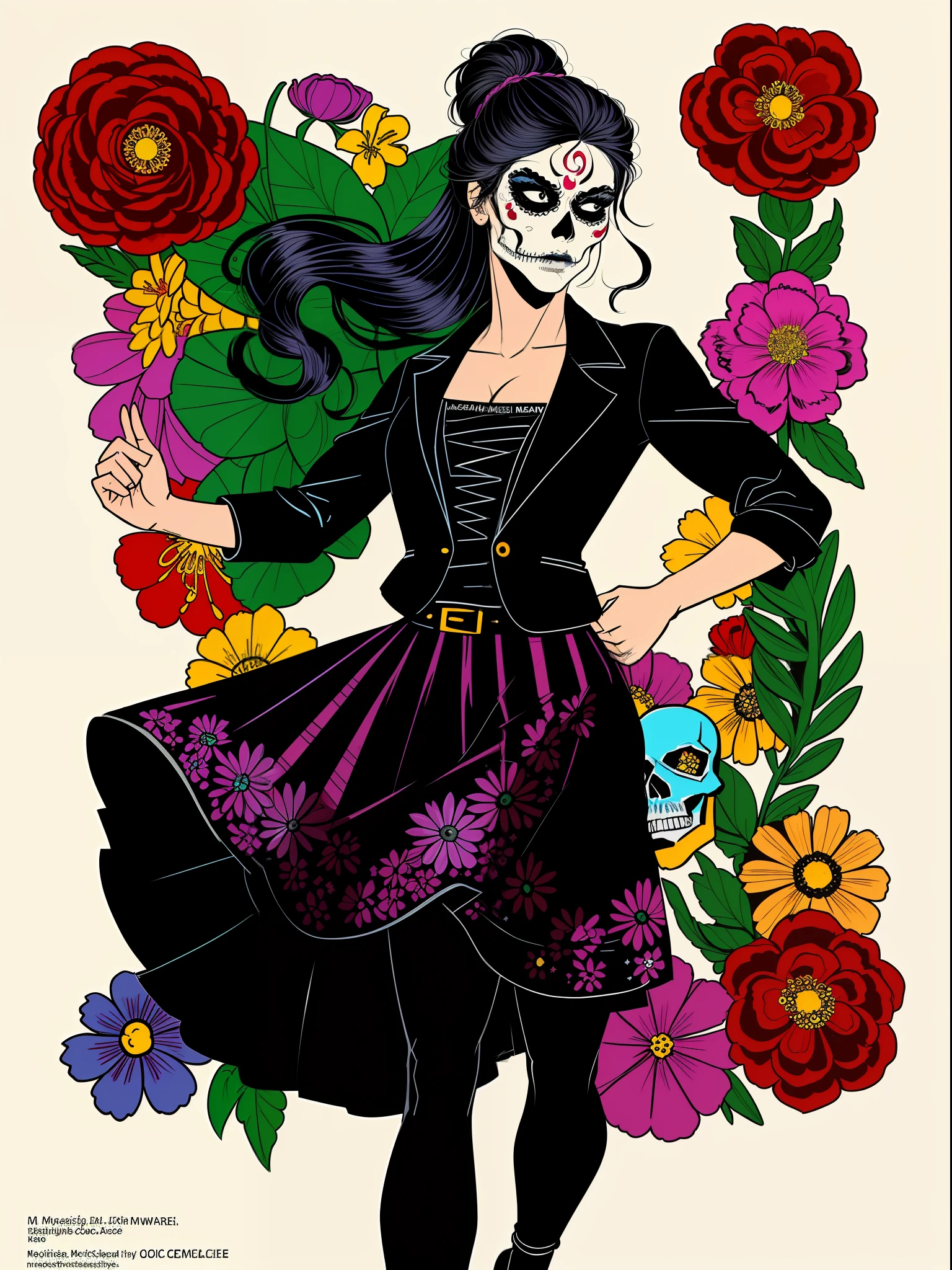 (comic style:1.3), (line art:1.5), (full body),(masterpiece, award winning, best quality:1.3), (solo), 1 Mexican woman casting a spell, black hair (updo) with flowers in hair, black eyes, mexican skull makeup, wearing a black_blouse, red_pants, art by Jim lee, cinematic, masterpiece, , detailed background, detailed material textures, detailed face, realistic 1.35, muscular 1.2