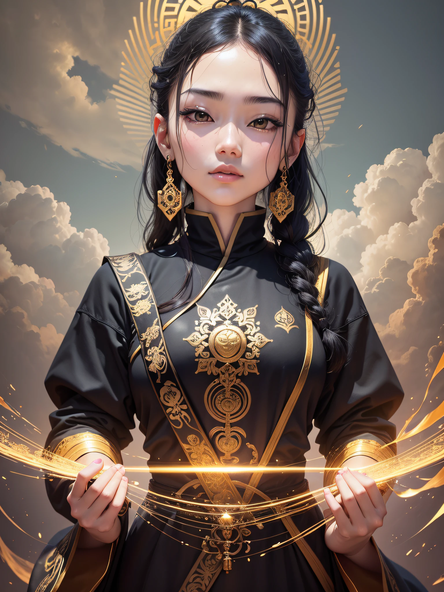 Void Bodhisattva, (Gold: 1.2), smooth upper body, long-sleeved cassock, ray tracing, (Metal texture: 1.1), colorful clouds on the background, (Best quality: 1.0), (Ultra High Resolution: 1.0), 8k, (Masterpiece: 0.2), , Innocent, Innocent, No Exposure, Black Hair, Neatness, Guide, Face Facing Front, Beauty, Disturbing Emotions, Monk-style Beauty, 20-year-old Beauty, 16K, Face Frontal, ID Photo, ID photo, interview, ID photo,