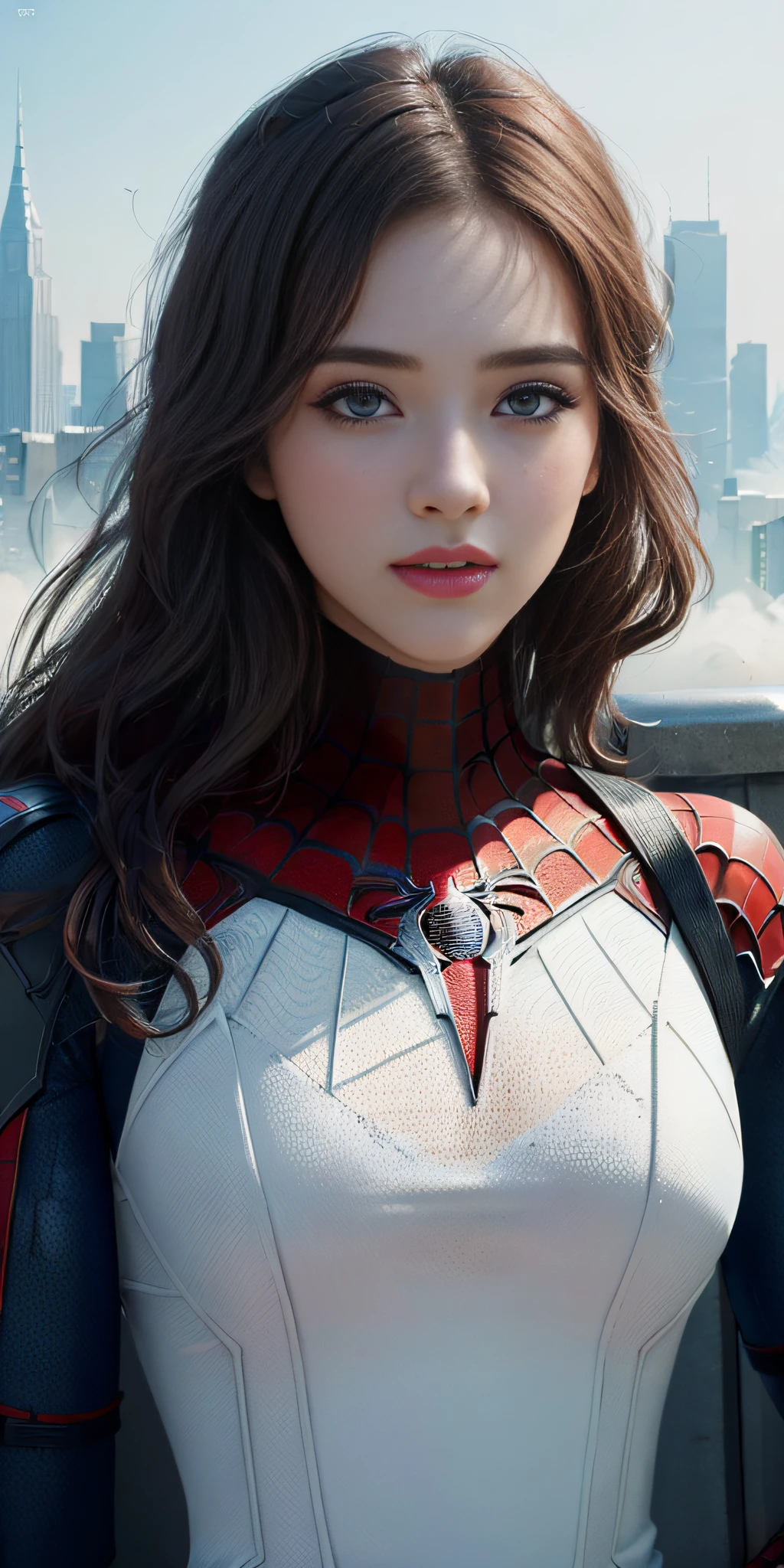 (1girl:1.3), Solo, (((Very detailed face)))), ((Very detailed eyes and face)))), Beautiful detail eyes, Body parts__, Official art, Unified 8k wallpaper, Super detailed, beautiful and beautiful, beautiful, masterpiece, best quality, original, masterpiece, super fine photo, best quality, super high resolution, realistic realism, sunlight, full body portrait, amazing beauty, dynamic pose, delicate face, vibrant eyes, (from the front), She wears Spider-Man suit, red and black color scheme, spider, very detailed city roof background, rooftop, overlooking the city, detailed face, detailed complex busy background, messy, gorgeous, milky white, highly detailed skin, realistic skin details, visible pores, clear focus, volumetric fog, 8k uhd, DSLR, high quality, film grain, fair skin, photo realism, lomography, futuristic dystopian megalopolis, translucent