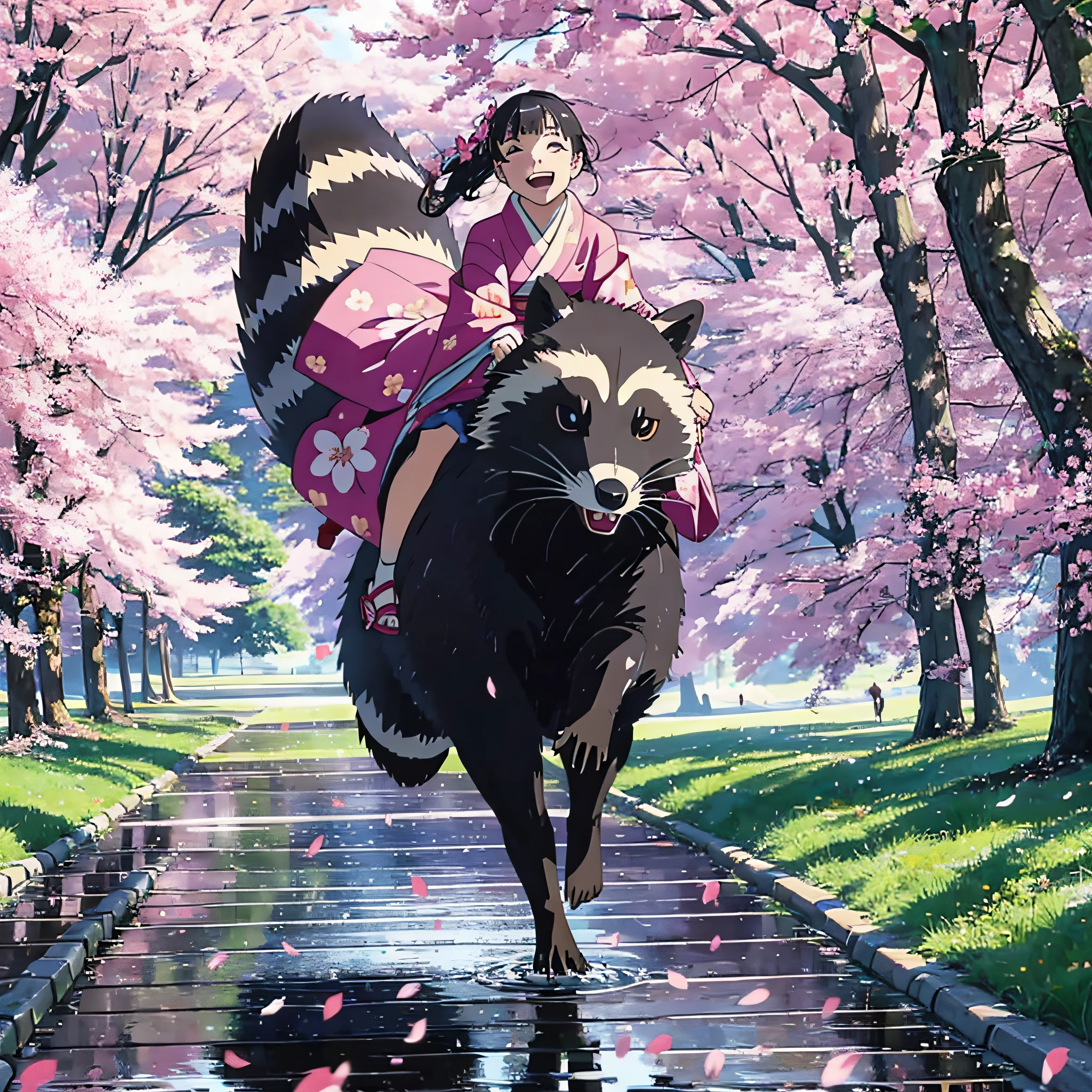 A happy girl in a kimono rides a large raccoon and runs through a meadow with dancing cherry blossom petals. Jump over puddles, ground threaded angle