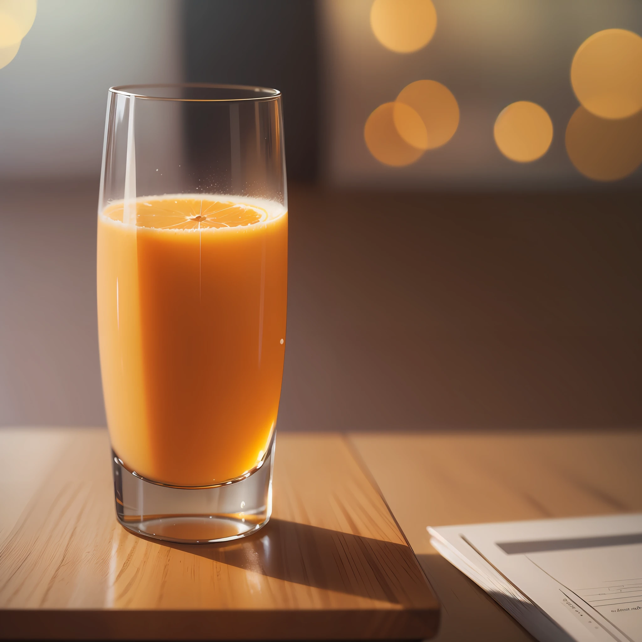 a glass of orange juice, slightly blurred soft cinematic background, 4k, HD. --auto --s2