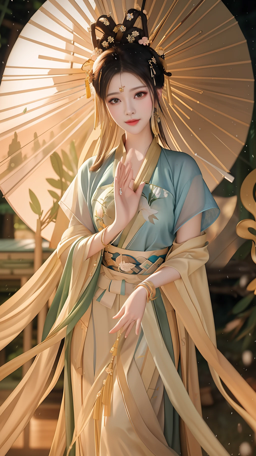 Masterpiece, extremely detailed CG unity 8k wallpaper, 1 girl, beautiful, realistic, blur, blurred background, blurred foreground, bamboo forest, depth of field, earrings, jewelry, nose, realistic, solo, hanfu, holding oli paper umbrella, rain