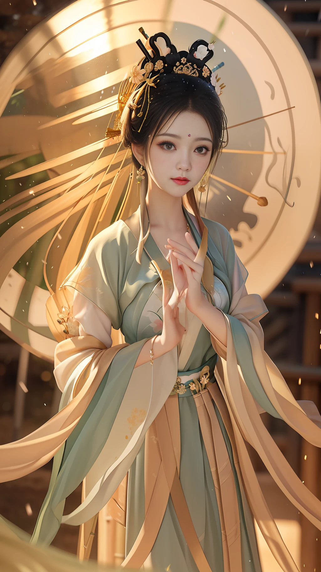 Masterpiece, extremely detailed CG unity 8k wallpaper, 1 girl, beautiful, realistic, blur, blurred background, blurred foreground, bamboo forest, depth of field, earrings, jewelry, nose, realistic, solo, hanfu, holding oli paper umbrella, rain