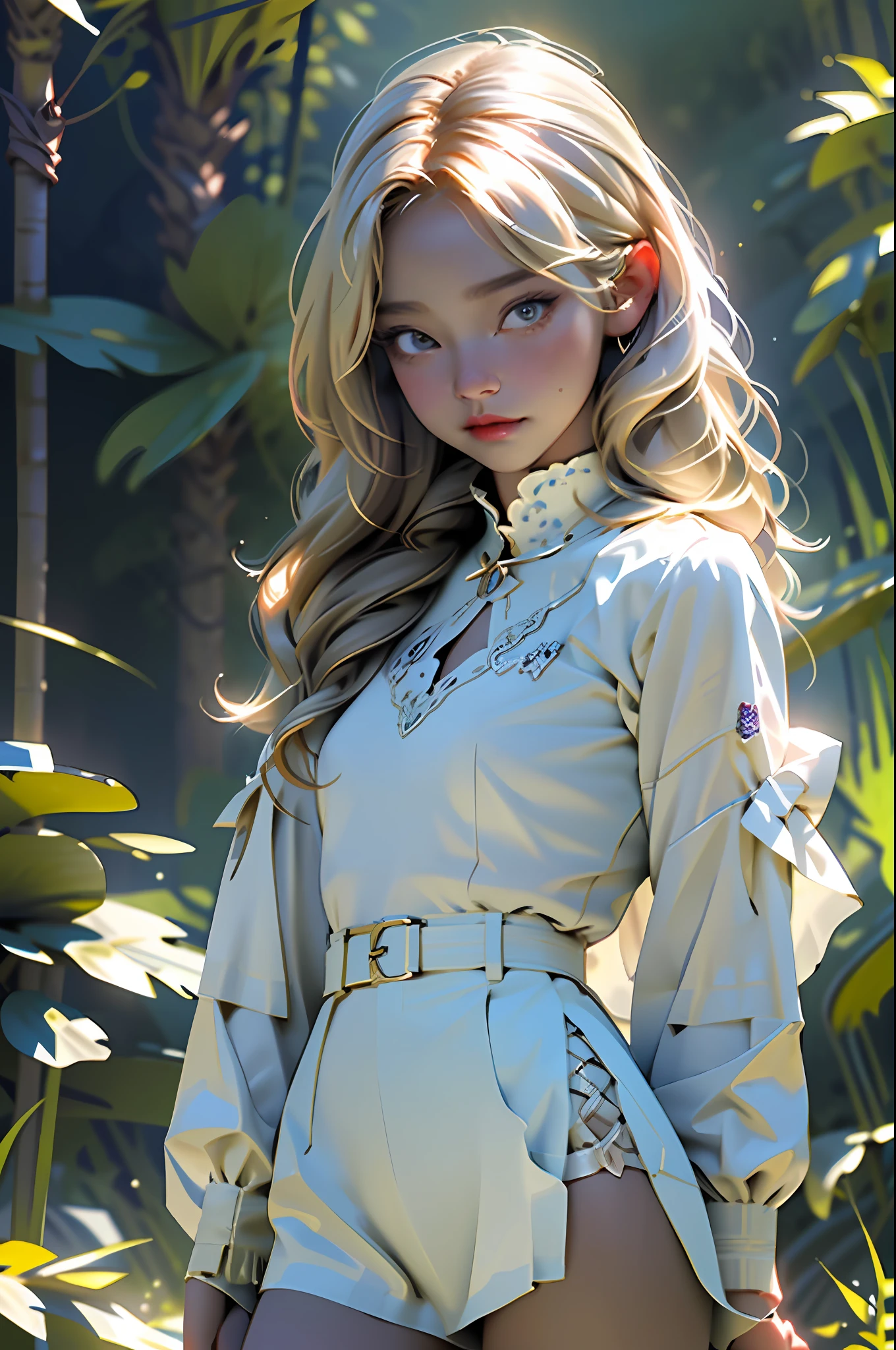 (best quality, masterpiece), 1girl, intricate details, ruffles, viking, looking at the viewer, sunshine from the mountains, blush, blonde, standing, upper body, forest