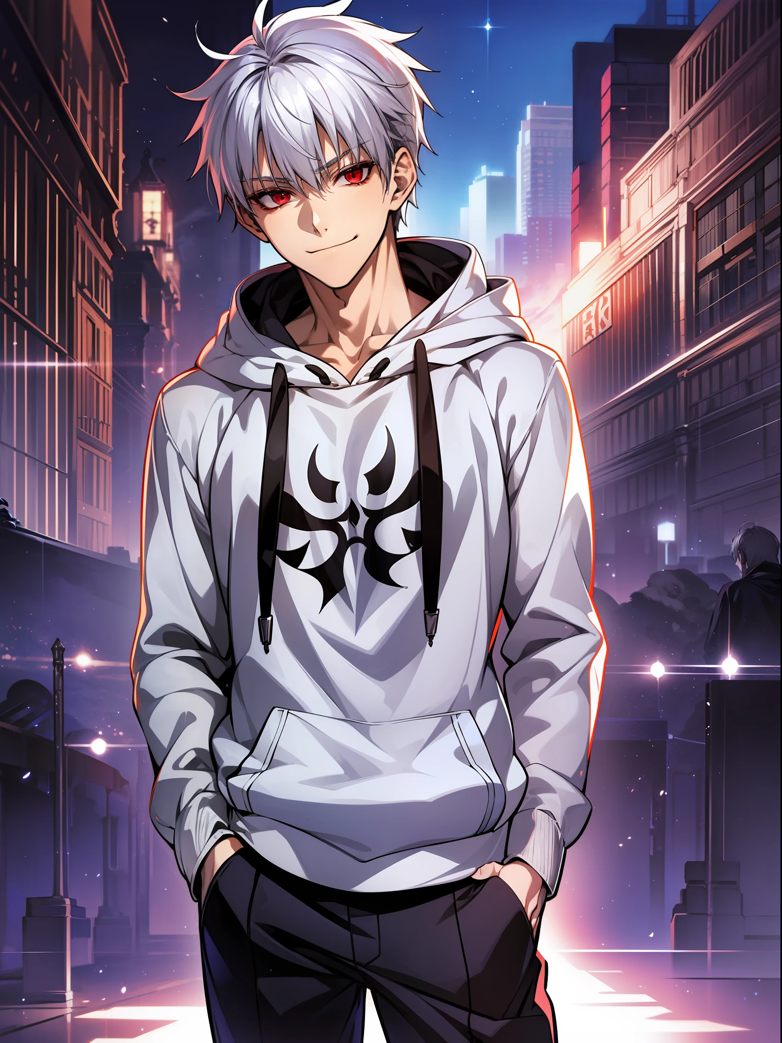 solo, ((male with silver hair wearing hoodie)), (bangs), (red eyes), (pale skin), (smirk), ((high quality)), (extremely detailed), fate stay night, inspired by takeuchi takahasi