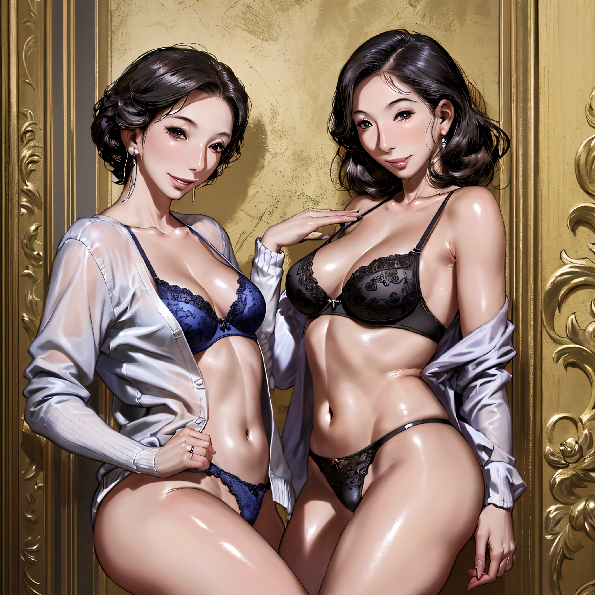 Adult woman, (smile: 0.6), short black hair, (large breasts: 1.1), blue eyes, sexy, small waist, (wide hips), transparent cardigan, (masterpiece: 1.2, superb), realistic, (real shot, fine Crafted, depth of field), (1girl, solo), makeup, noble, (untrue m panties and bra: 1.3), elegant, blush, dignified, proud, confident, (white and shiny skin), beautiful and diverse jewelry, mature, married, (thin), (big ass: 1.3), bonny, (small mouth), --auto --s2