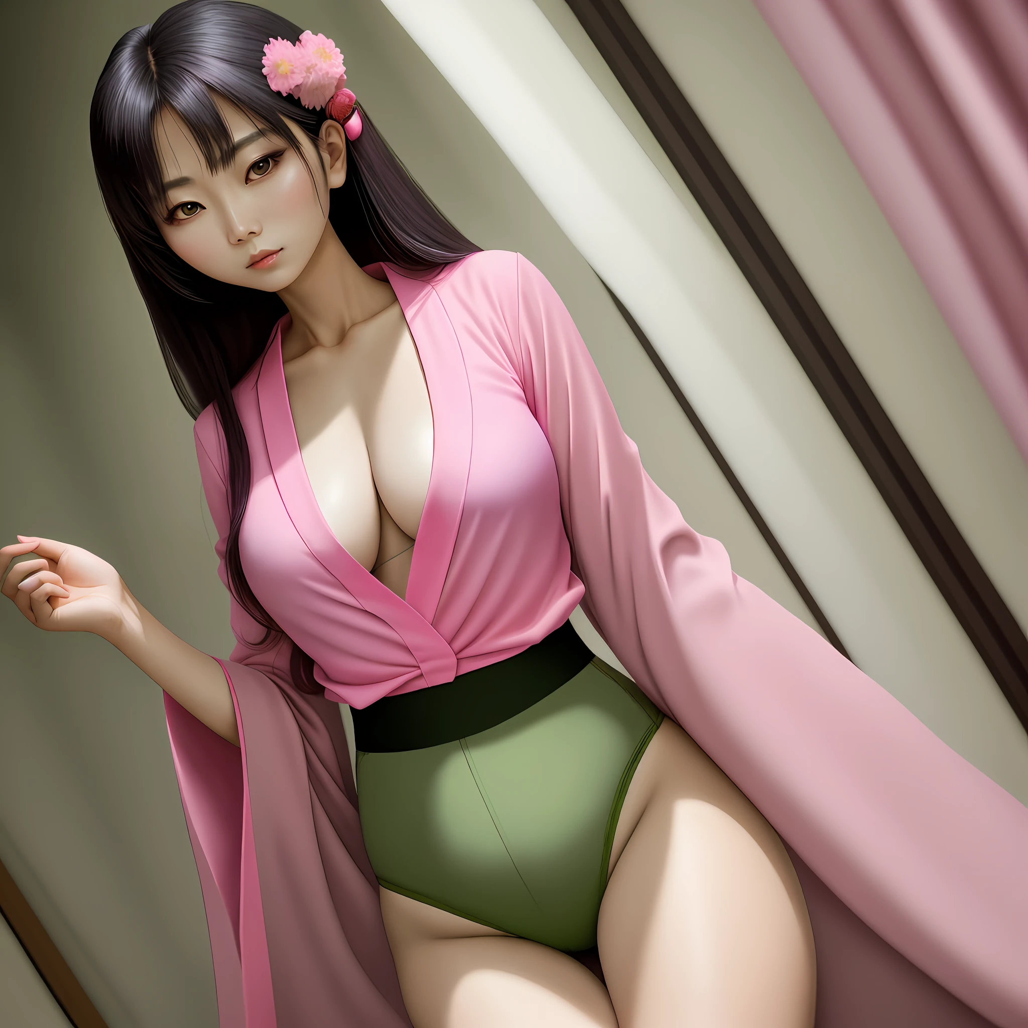 arafed asian woman in a green high waist panties, japanese goddess, wearing Pink attire, oppai, wearing Pink blouse, pink suit, green and black underwear, taken with canon 5d mk4, generous cleavage open blouse, open blouse, pink bra, gorgeous chinese model, pink blouse ,close v chest clothes,
