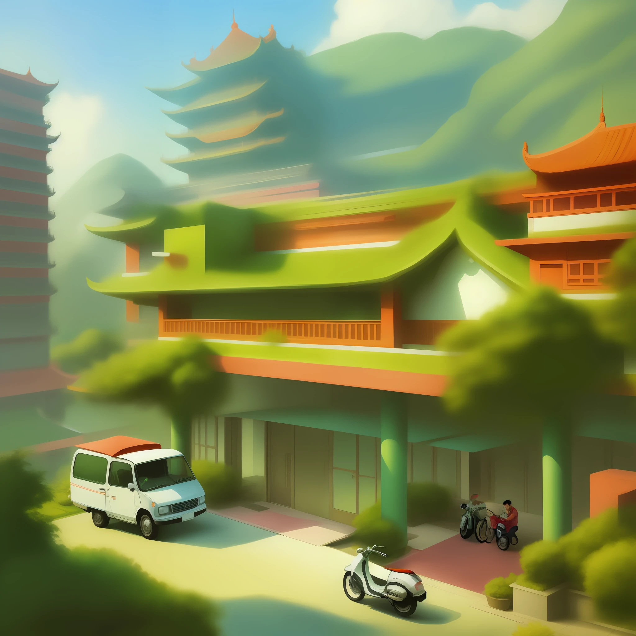 Masterpiece, best quality, cartoon, architecture, simple design, nintendo style, vehicles, chinese hotel, greenery, couple,