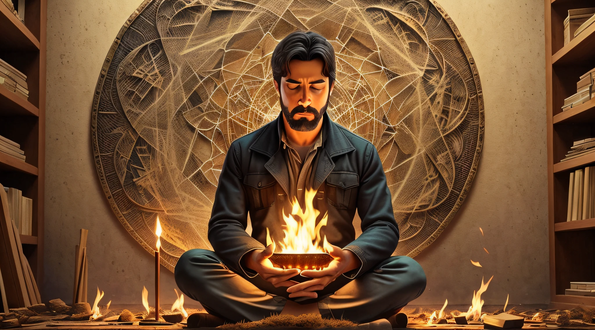 (Masterpiece, 4k resolution, ultra-realistic, very detailed, man 50 years) A FIRE WORSHIPPER MEDITATES ON THE ULTIMATE REALITIES OF EXISTENCE
This degree shows the ability, or the need, to be able to concentrate thoughts, meditate, or find your center. The "Fire Worshipper" may be intensely interested or passionate about something that throws itself in the middle of something, getting as much out of the experience, event, or study as possible. Sometimes in your life, you're likely to find yourself very focused, with a great passion for something that really piques your interest. There may be a sense of danger in some ways, but also a sense of new beginnings. Harnessing your personal resources, particularly your rich inner life, can create magic. Look through appearances to get to the heart of the matter.