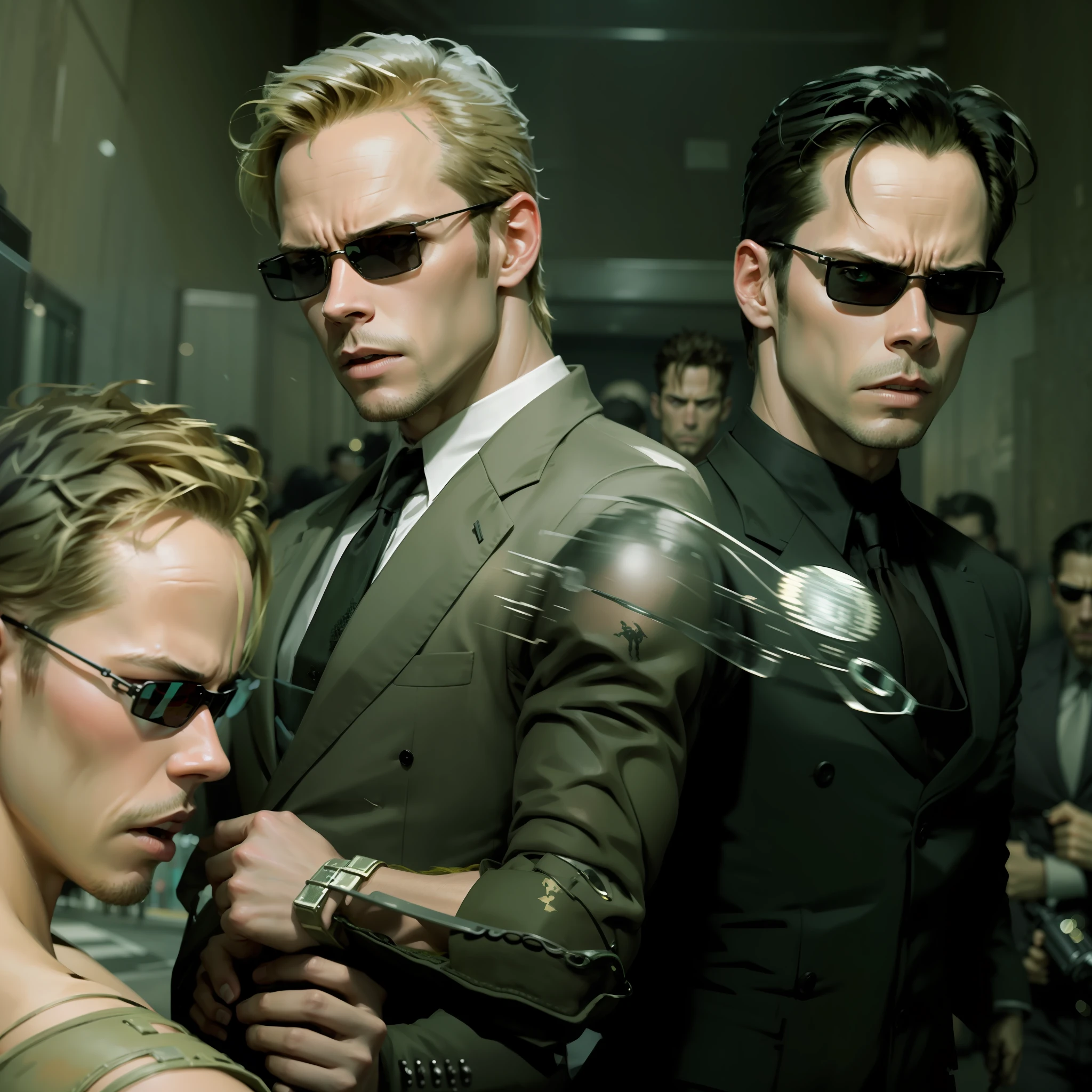 there are two people fighting in the streets of some city inside the matrix, matrix filter, matrix lighting, green matrix atmosphere, (((riots))), thousands of people fighting, violence, (((civil war))), (((night))), evil looking blond GUY PEARCE face, blond GUY PEARCE in a suit with square sunglasses close up, blond GUY PEARCE in a suit angry, blond GUY PEARCE in a suit with squared sunglasses, square sunglasses