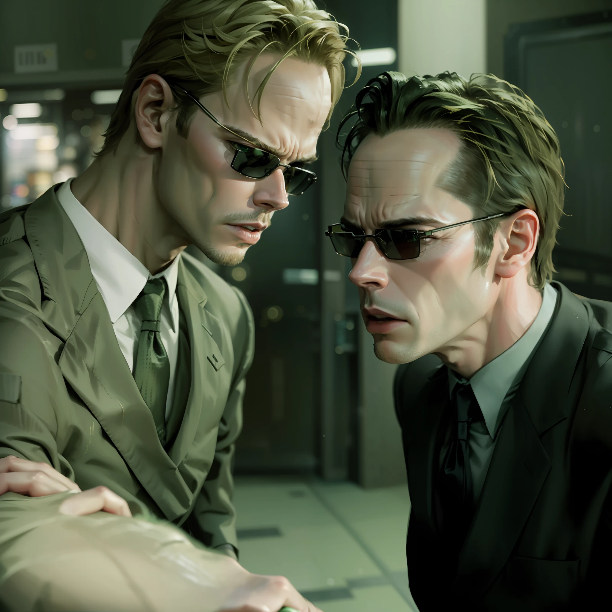 there are two people fighting in the streets of some city inside the matrix, matrix filter, matrix lighting, green matrix atmosphere, (((riots))), thousands of people fighting, violence, (((civil war))), (((night))), evil looking blond GUY PEARCE face, blond GUY PEARCE in a suit with square sunglasses close up, blond GUY PEARCE in a suit angry, blond GUY PEARCE in a suit with squared sunglasses, square sunglasses