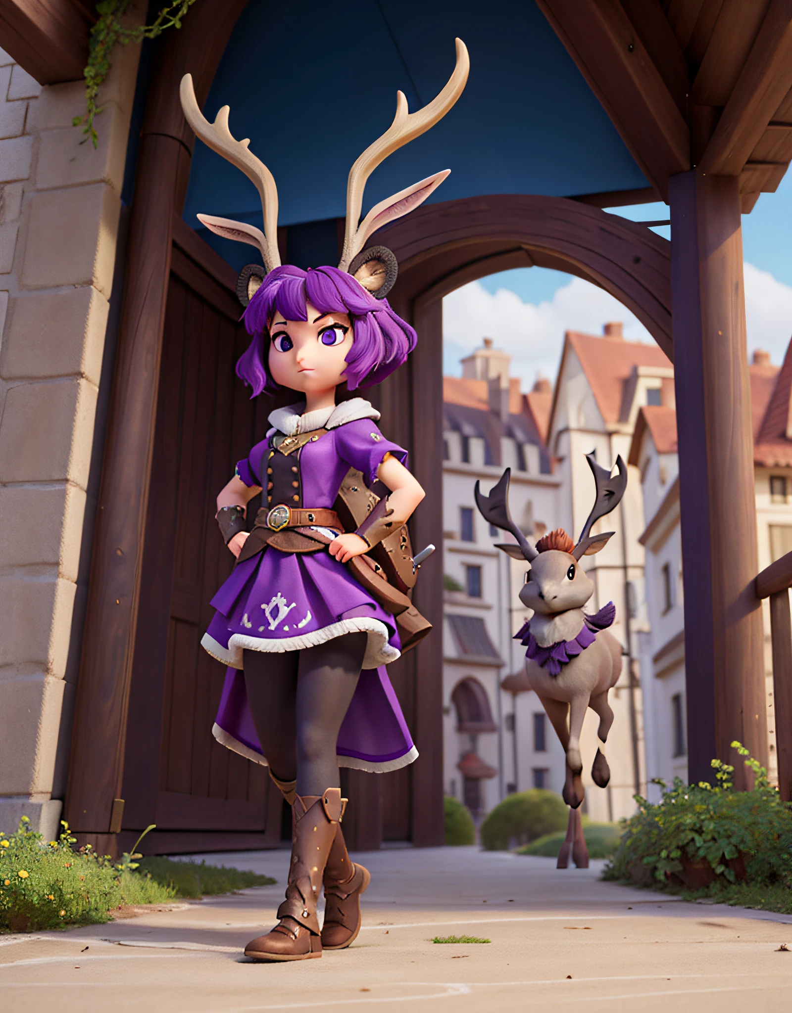 Knight Jackalope, short purple hair, jackalope antlers, dark armor(masterpiece, best quality)